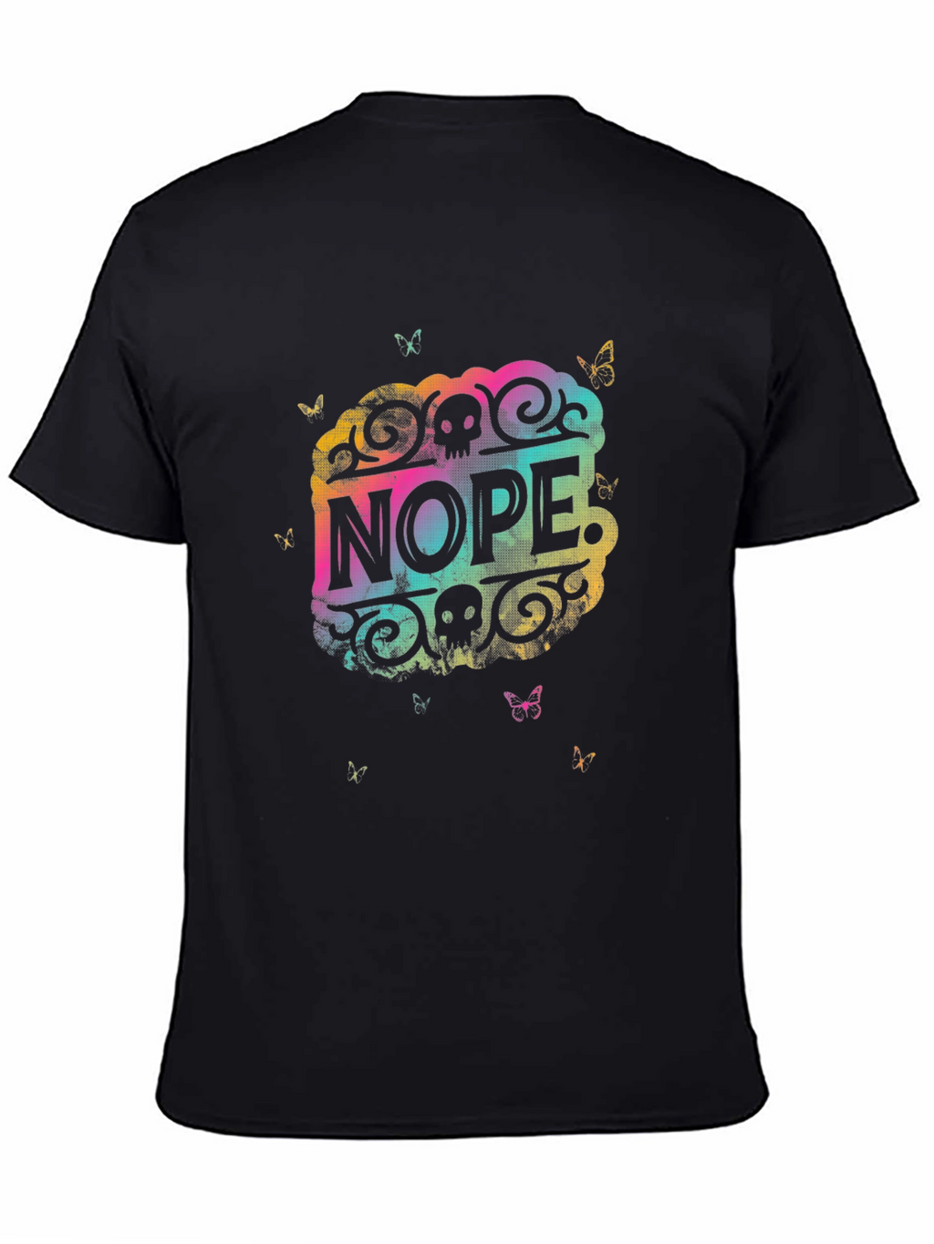 Nope Graphic Tee - Rainbow Skull Butterfly Design