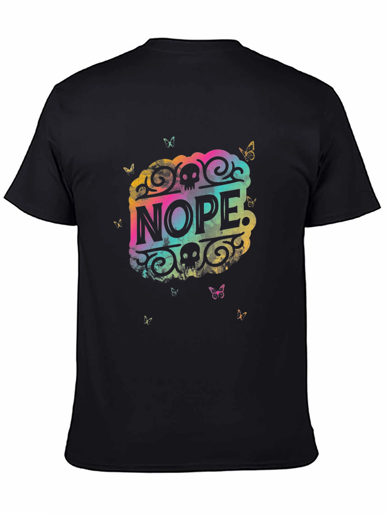 Nope Graphic Tee - Rainbow Skull Butterfly Design