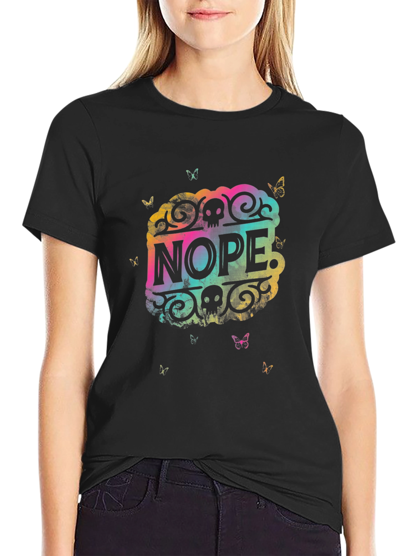 Nope Graphic Tee - Rainbow Skull Butterfly Design