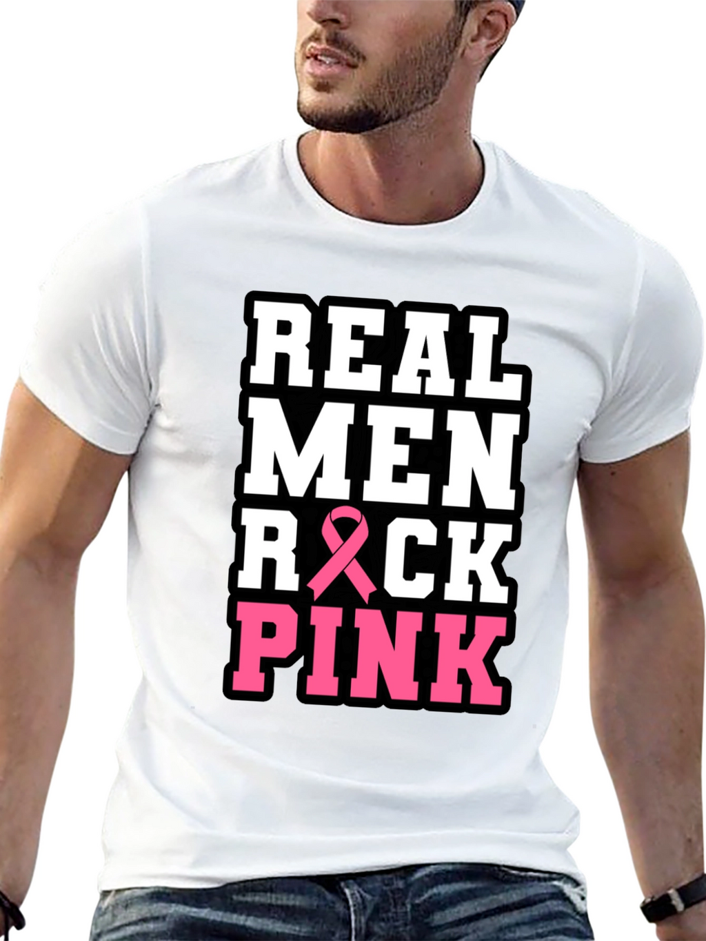 Real Men Rock Pink Breast Cancer Awareness T-Shirt