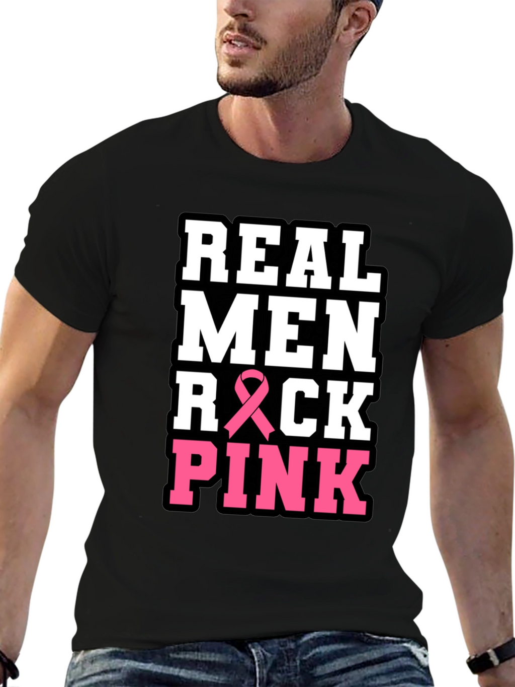 Real Men Rock Pink Breast Cancer Awareness T-Shirt