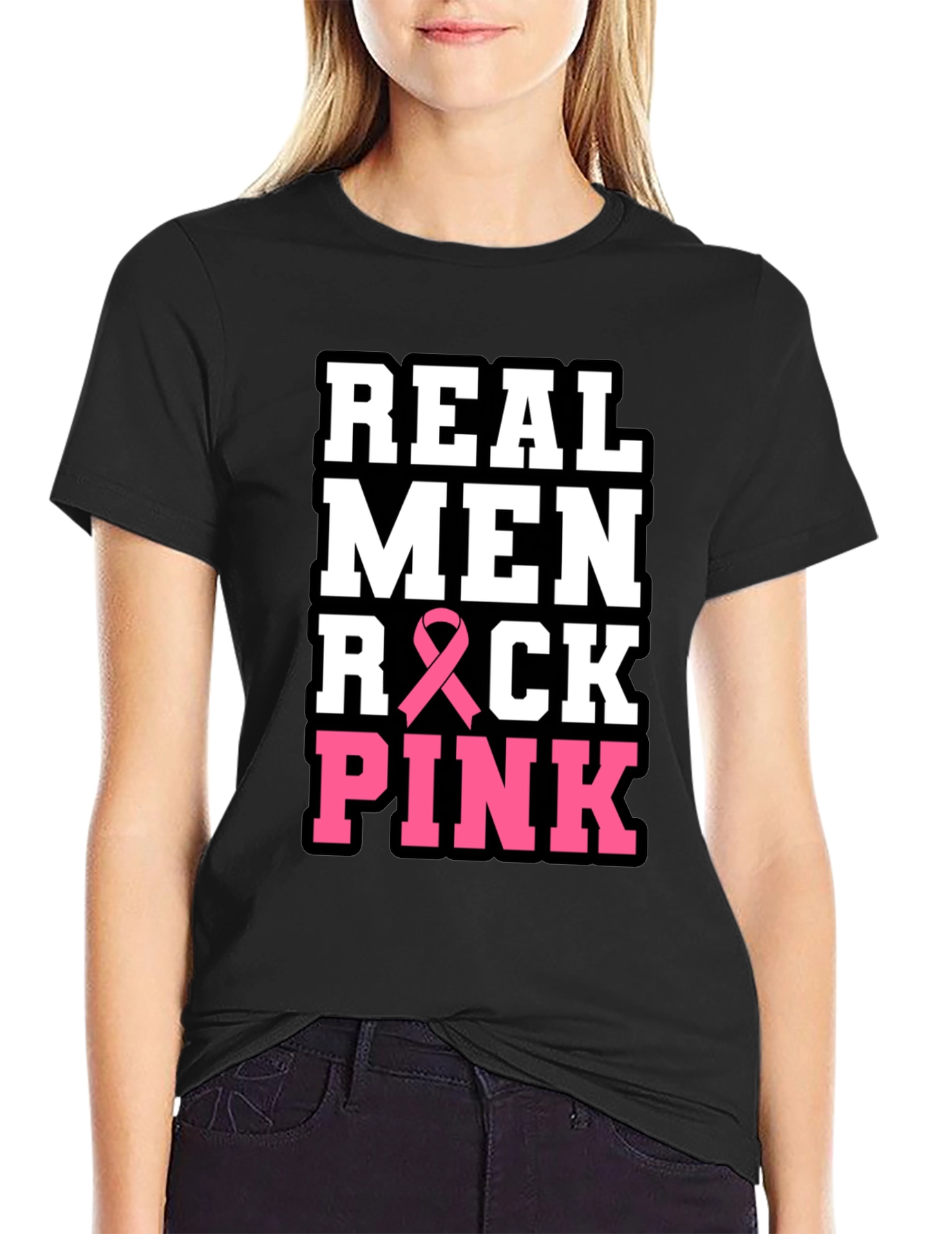 Real Men Rock Pink Breast Cancer Awareness T-Shirt