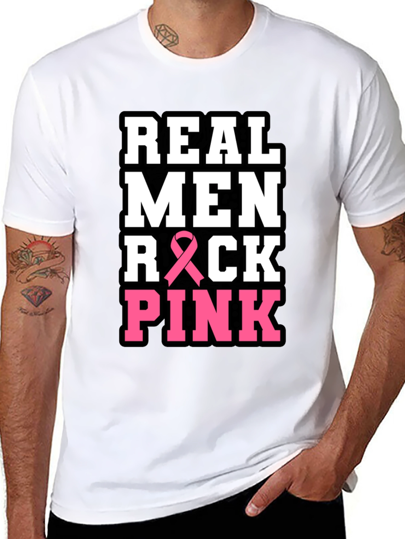 Real Men Rock Pink Breast Cancer Awareness T-Shirt