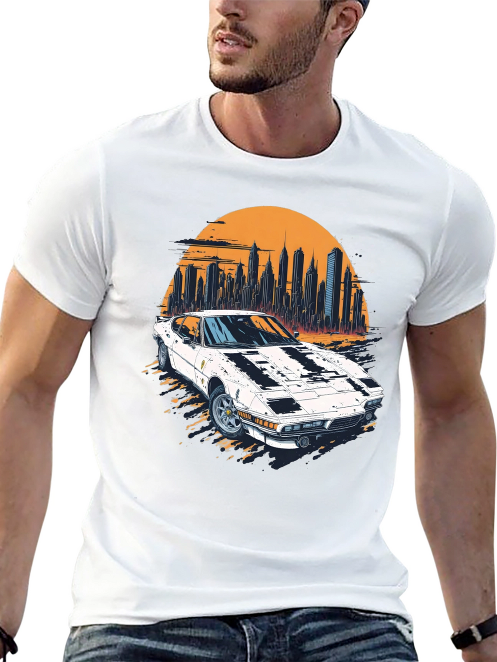 Retro Car & Cityscape Graphic Tee