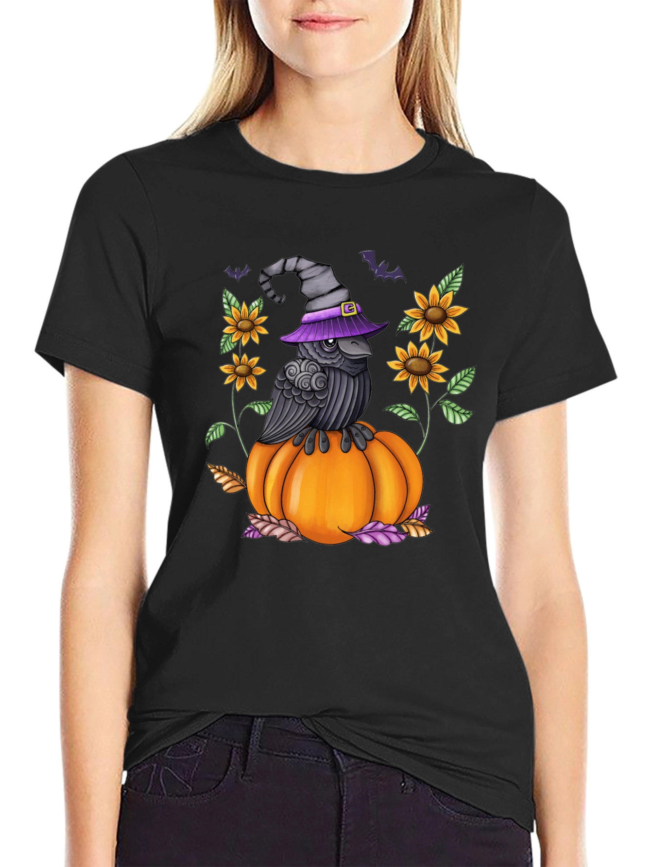 Raven on Pumpkin Halloween Graphic Tee