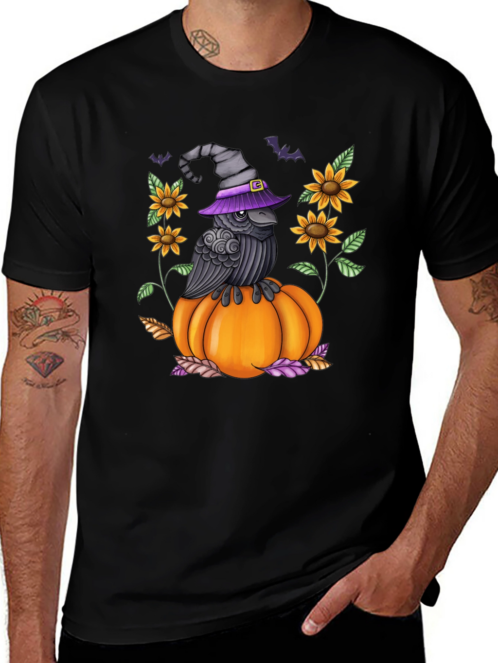 Raven on Pumpkin Halloween Graphic Tee