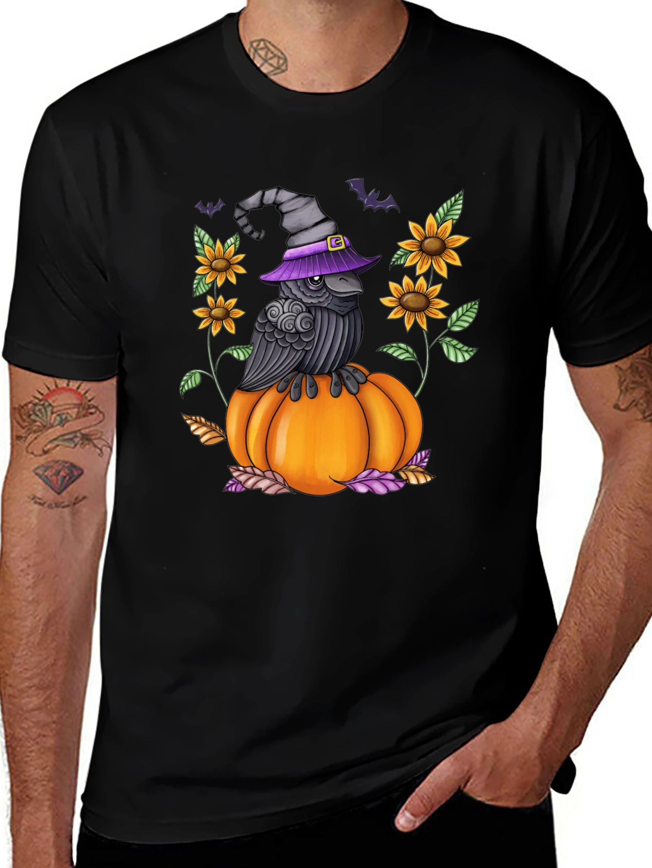Raven on Pumpkin Halloween Graphic Tee