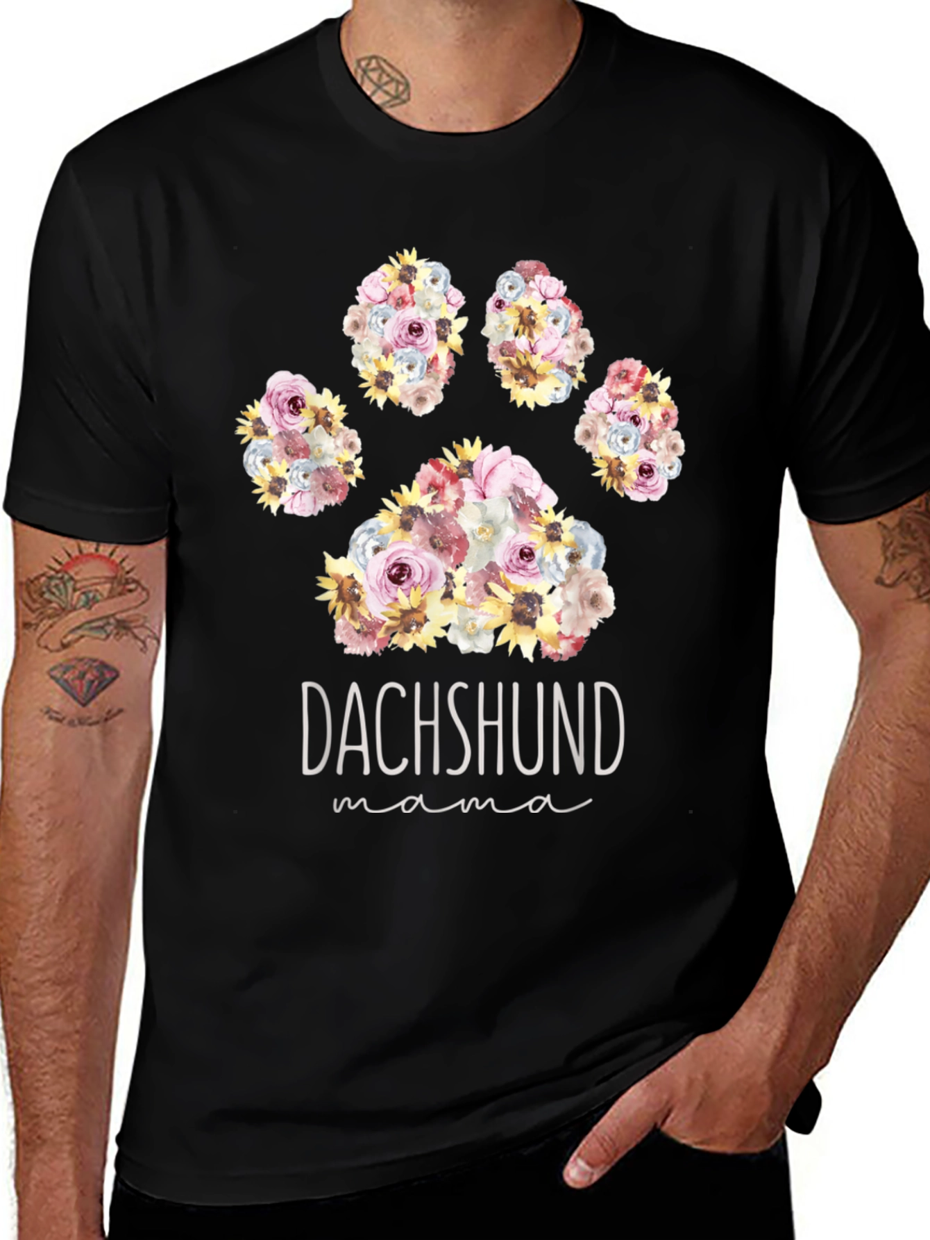 Dachshund Mama Floral Paw Print T-Shirt