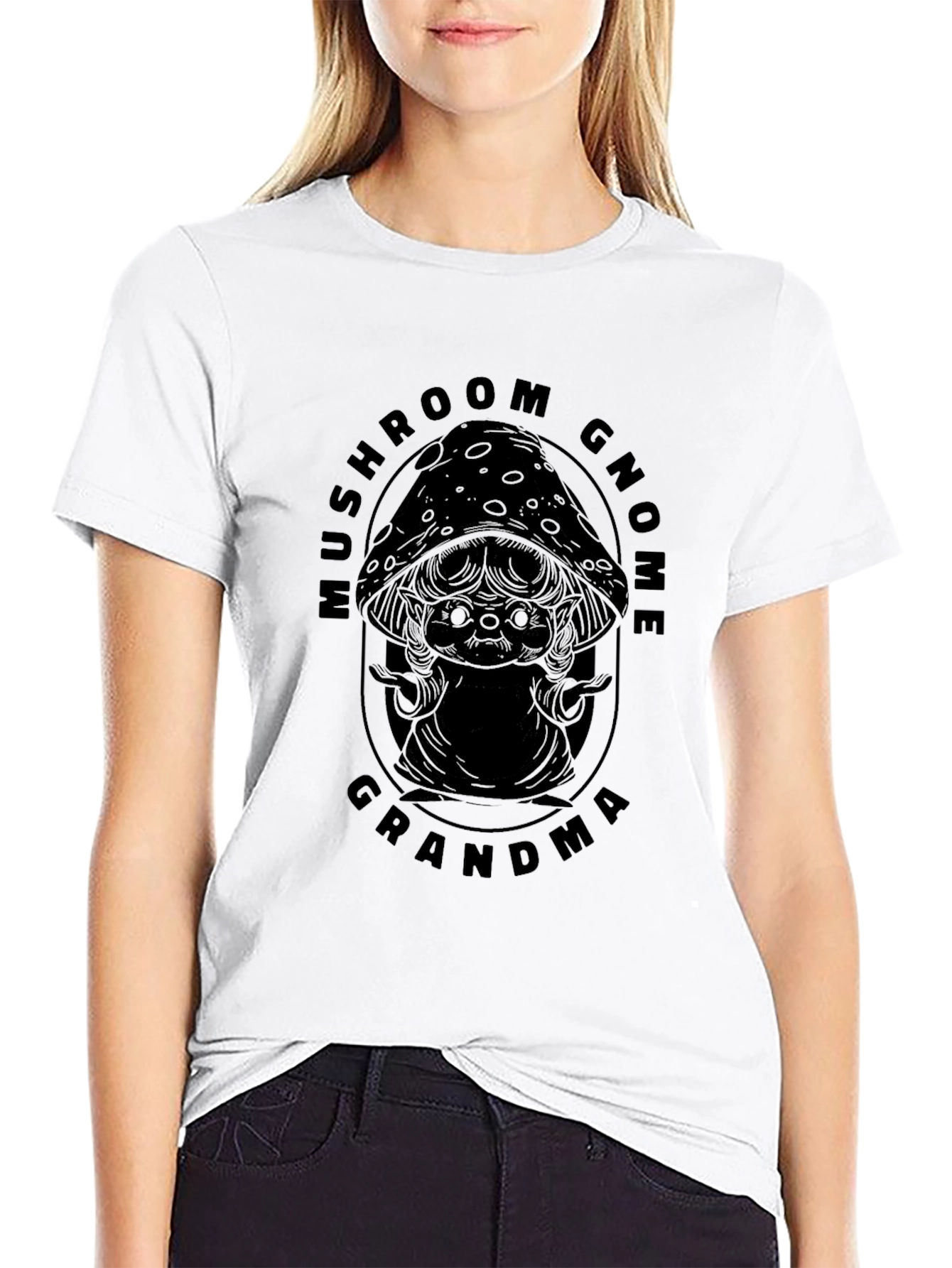 Mushroom Gnome Grandma Black Graphic Tee
