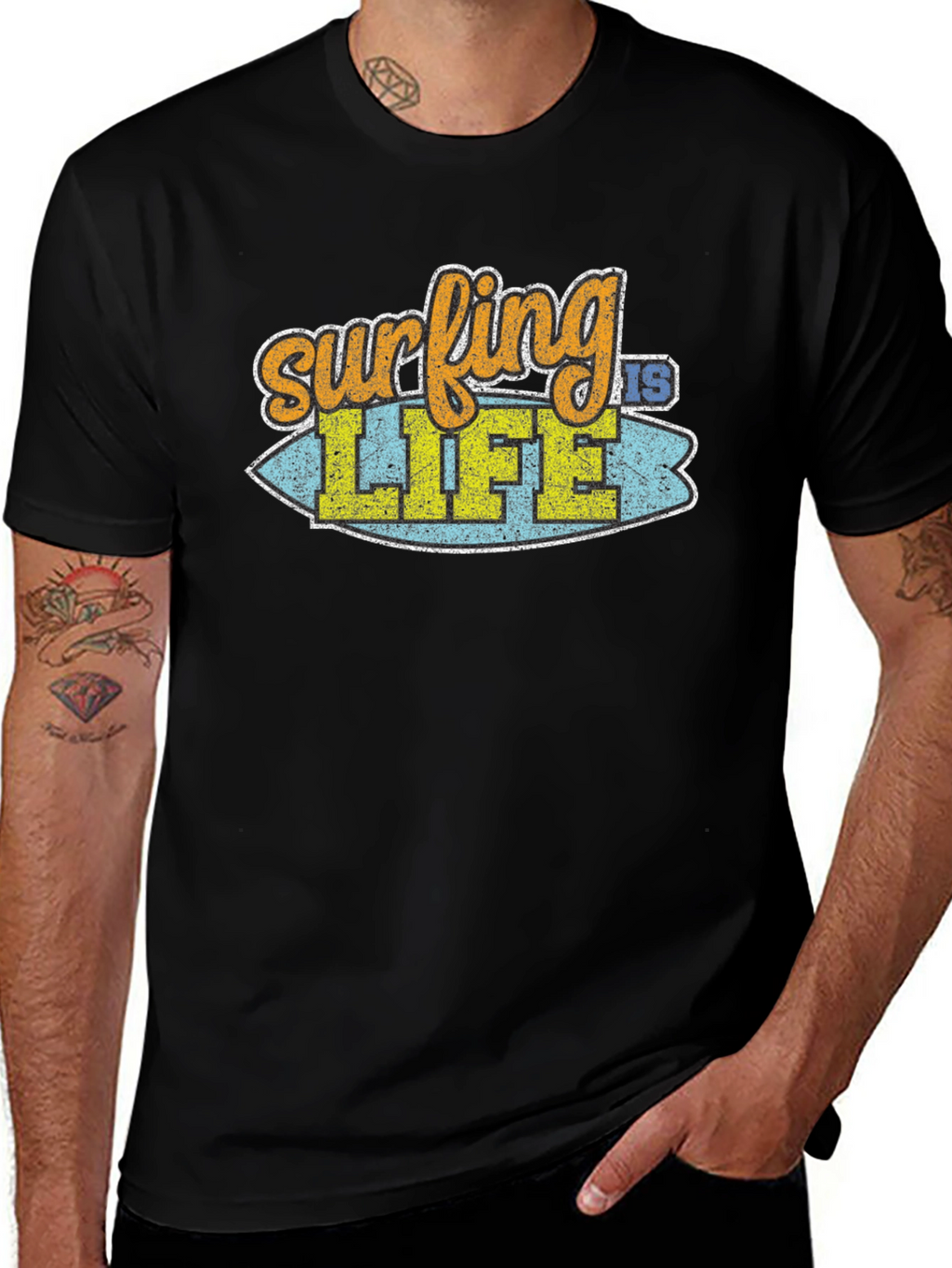Surfing is Life Graphic Tee - Black Cotton T-Shirt