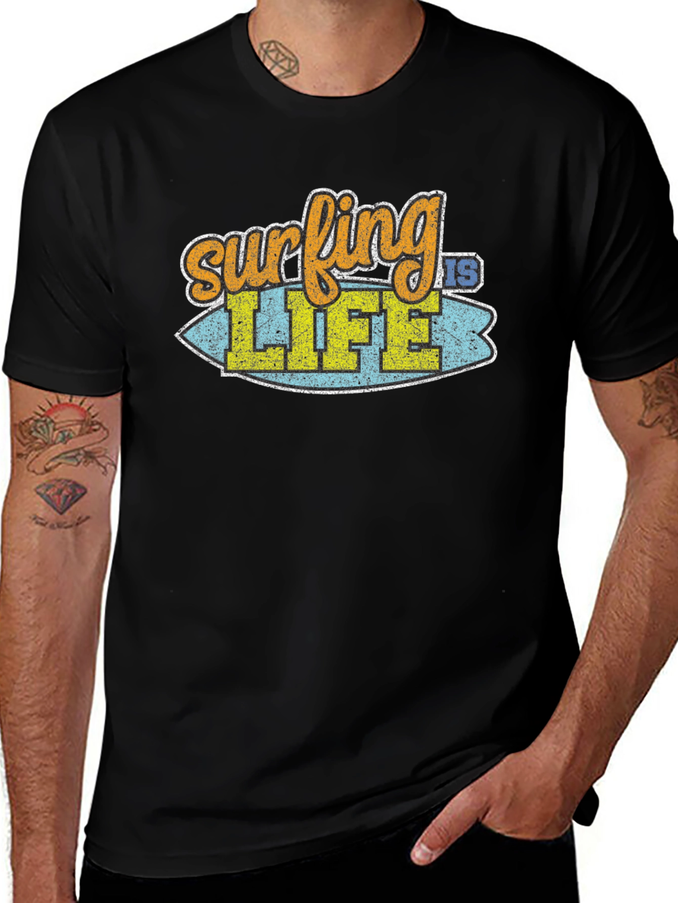 Surfing is Life Graphic Tee - Black Cotton T-Shirt
