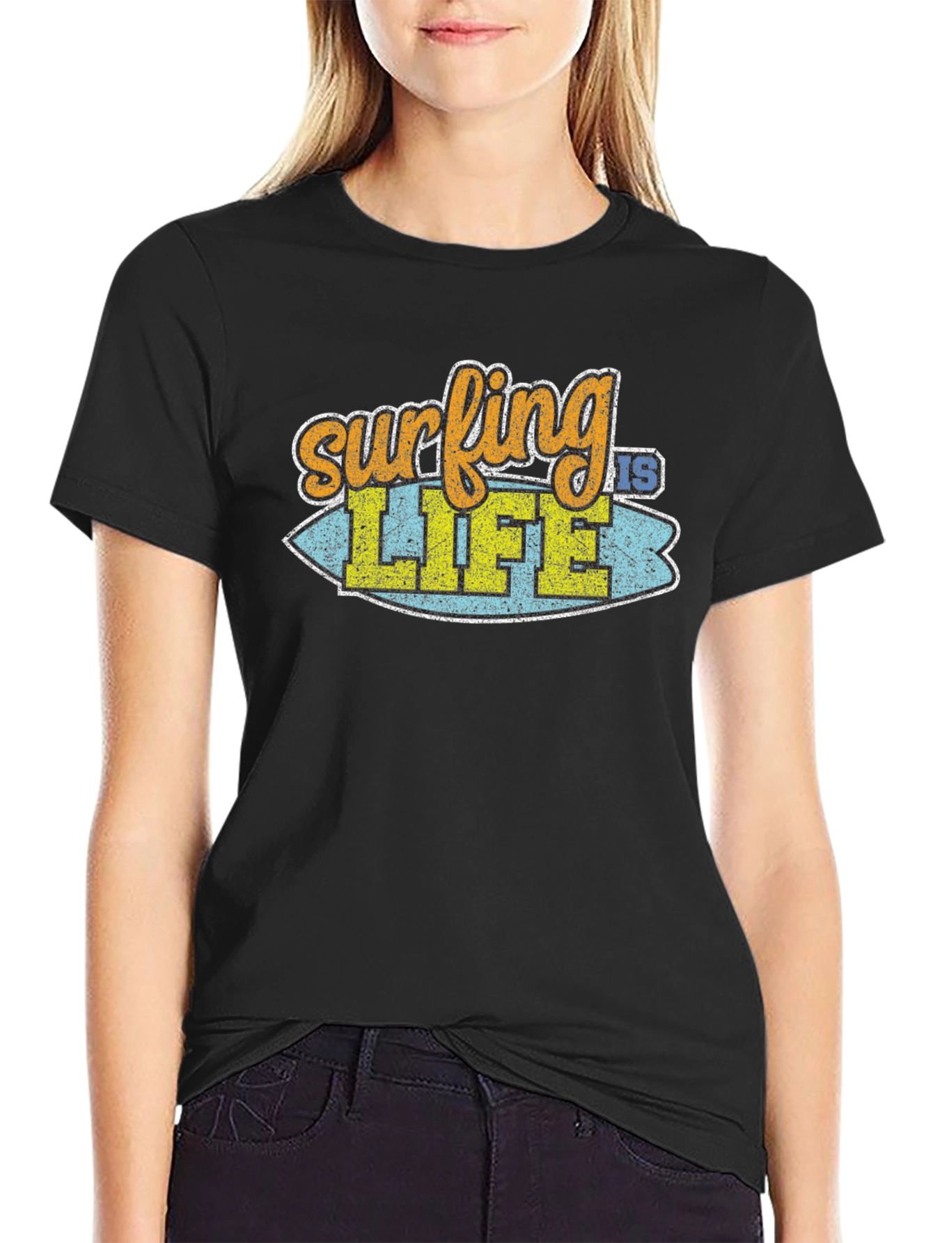 Surfing is Life Graphic Tee - Black Cotton T-Shirt