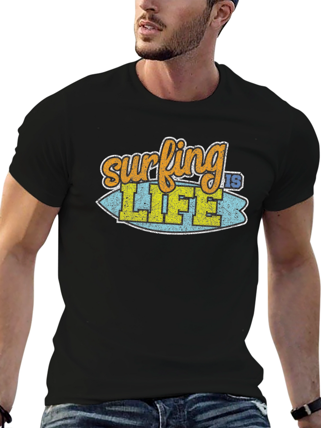 Surfing is Life Graphic Tee - Black Cotton T-Shirt