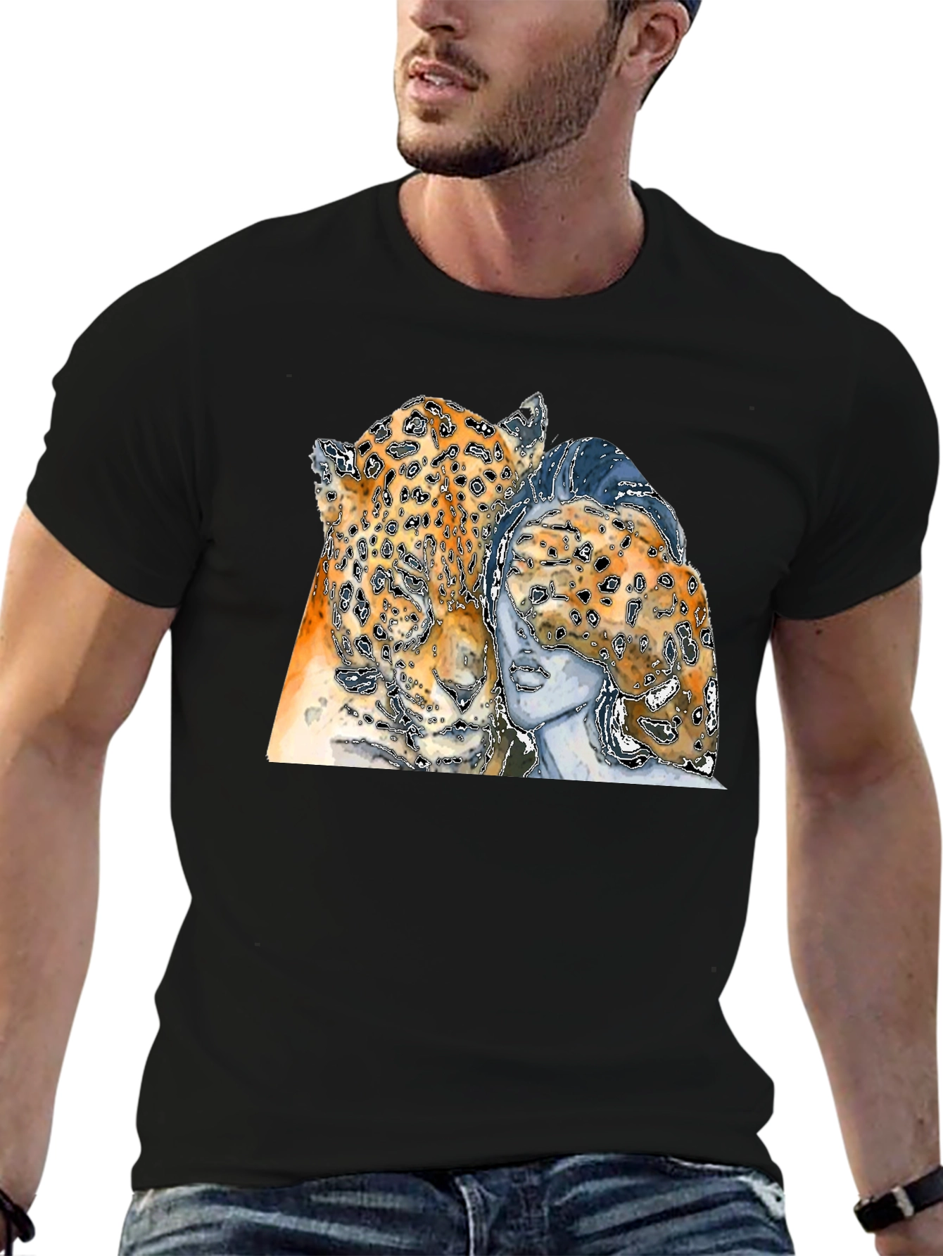 Leopard & Woman Graphic Print Black T-Shirt