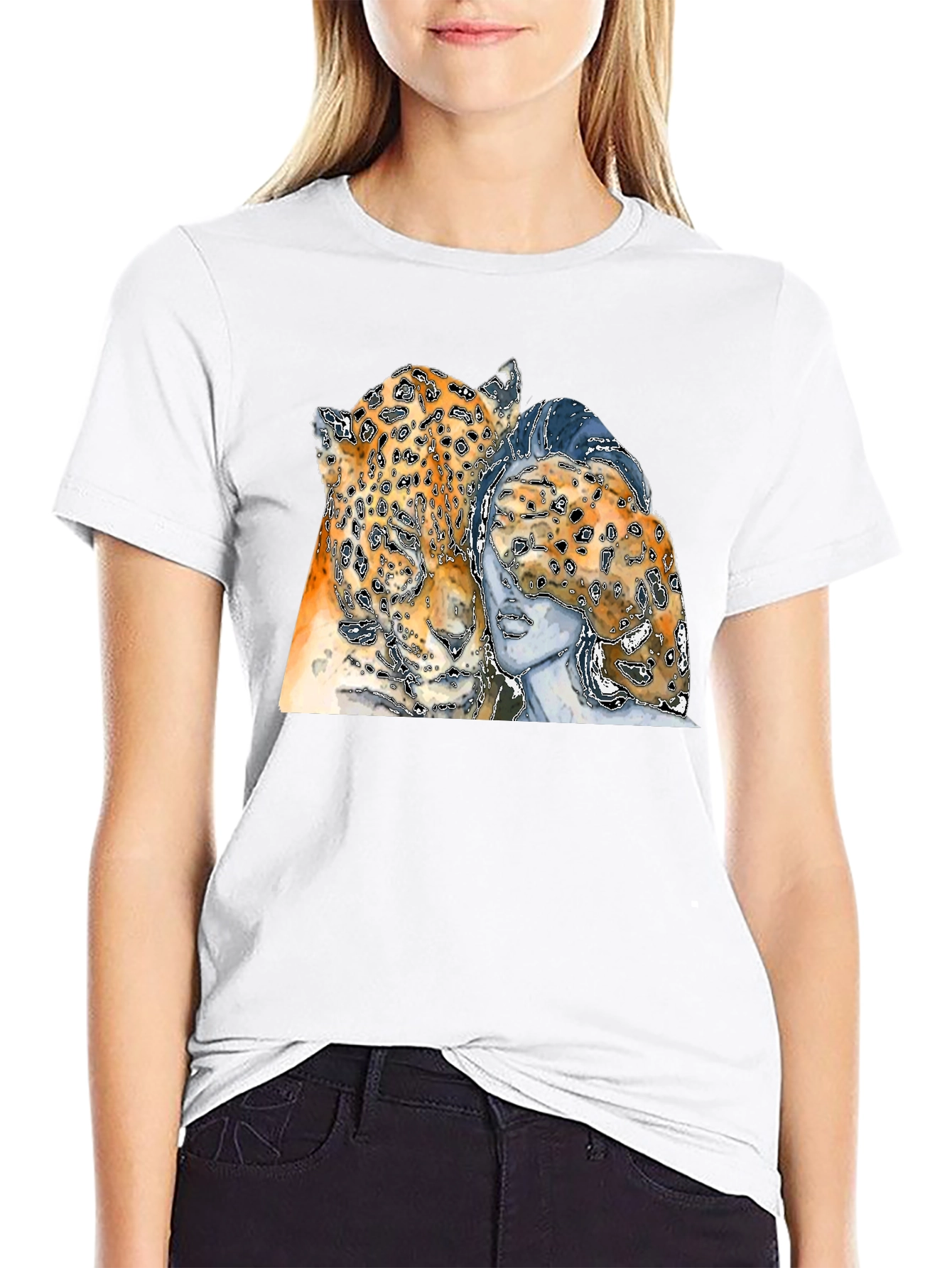 Leopard & Woman Graphic Print Black T-Shirt
