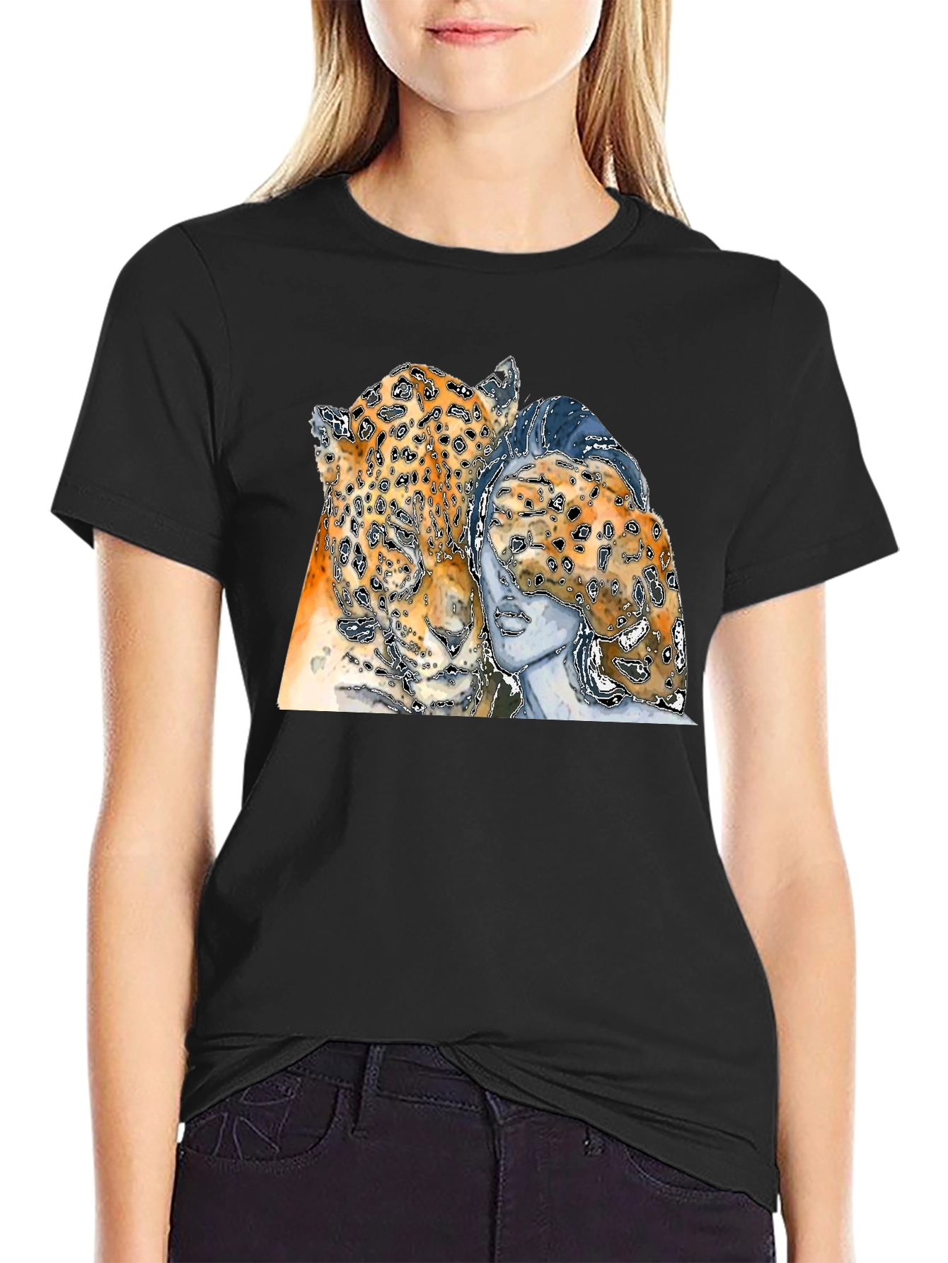 Leopard & Woman Graphic Print Black T-Shirt