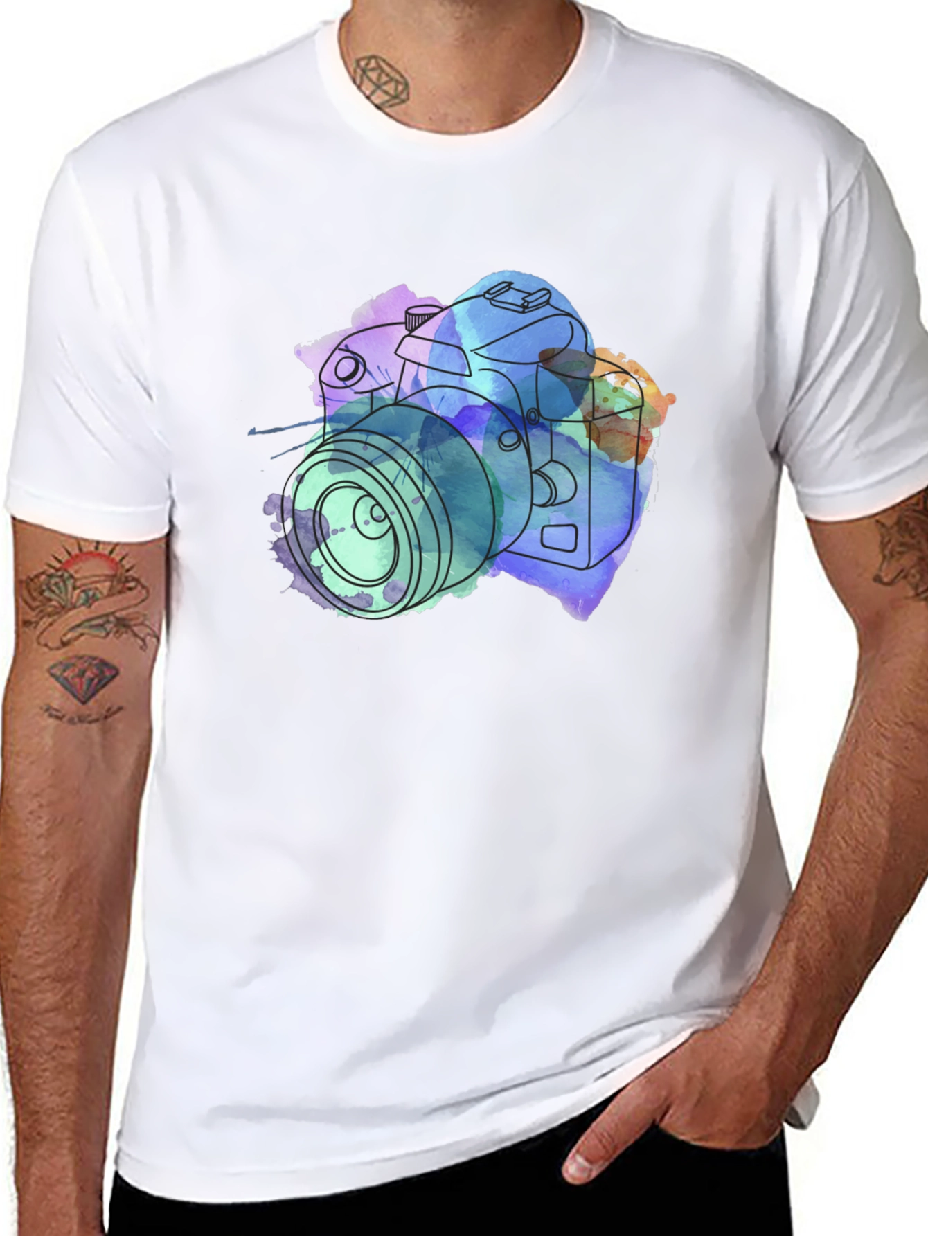 Camera Watercolor Print Black T-Shirt