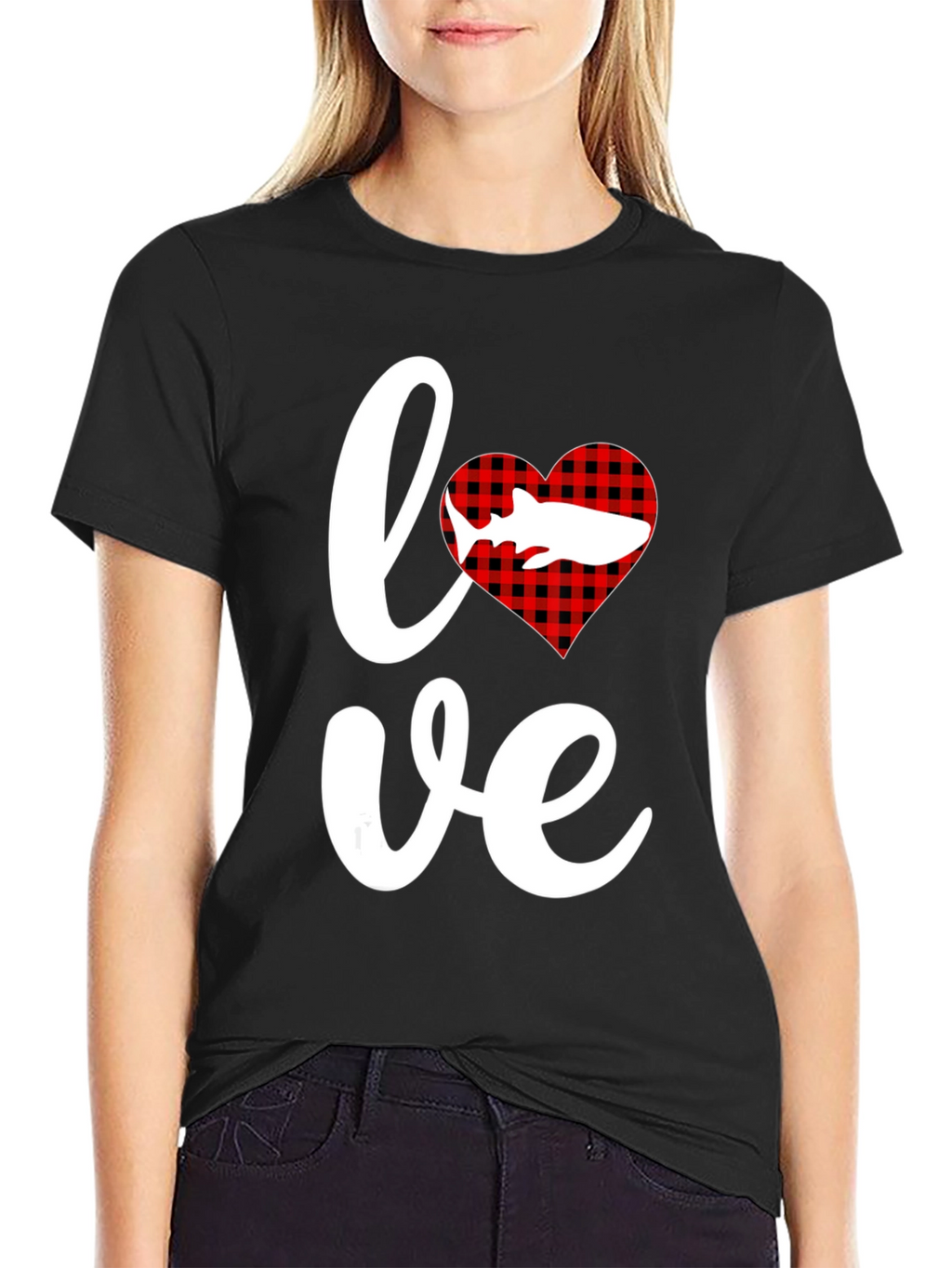 Love Shark T-Shirt - Red Buffalo Plaid Heart