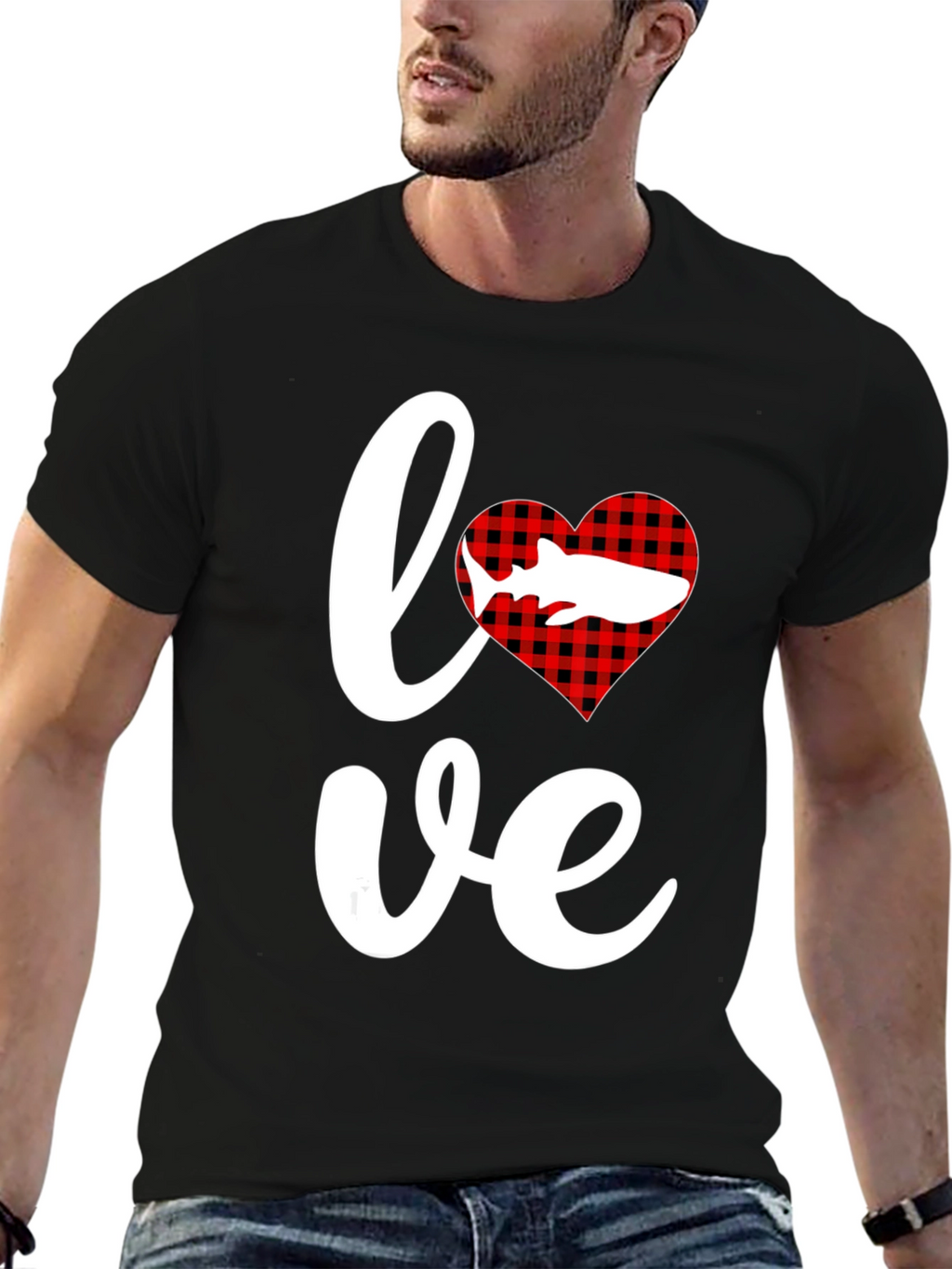 Love Shark T-Shirt - Red Buffalo Plaid Heart