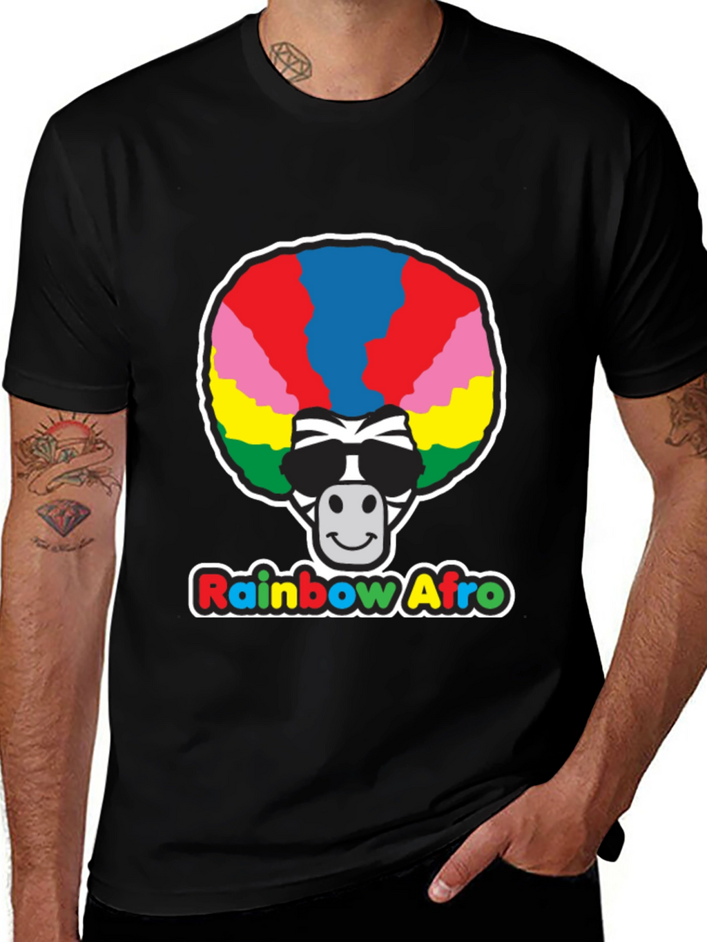 Rainbow Afro Zebra Graphic Tee - Black Cotton T-Shirt