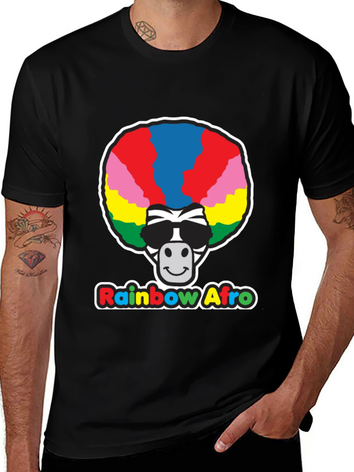 Rainbow Afro Zebra Graphic Tee - Black Cotton T-Shirt
