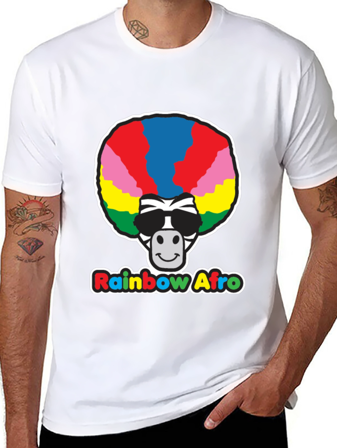 Rainbow Afro Zebra Graphic Tee - Black Cotton T-Shirt