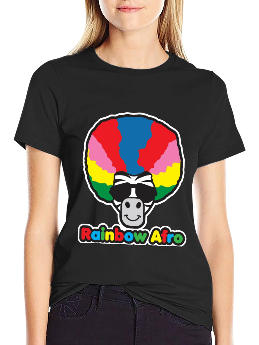 Rainbow Afro Zebra Graphic Tee - Black Cotton T-Shirt
