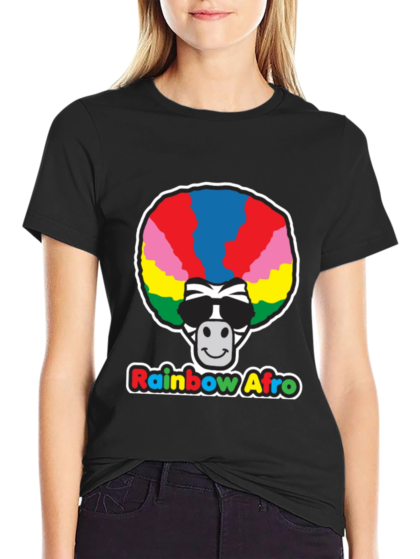 Rainbow Afro Zebra Graphic Tee - Black Cotton T-Shirt