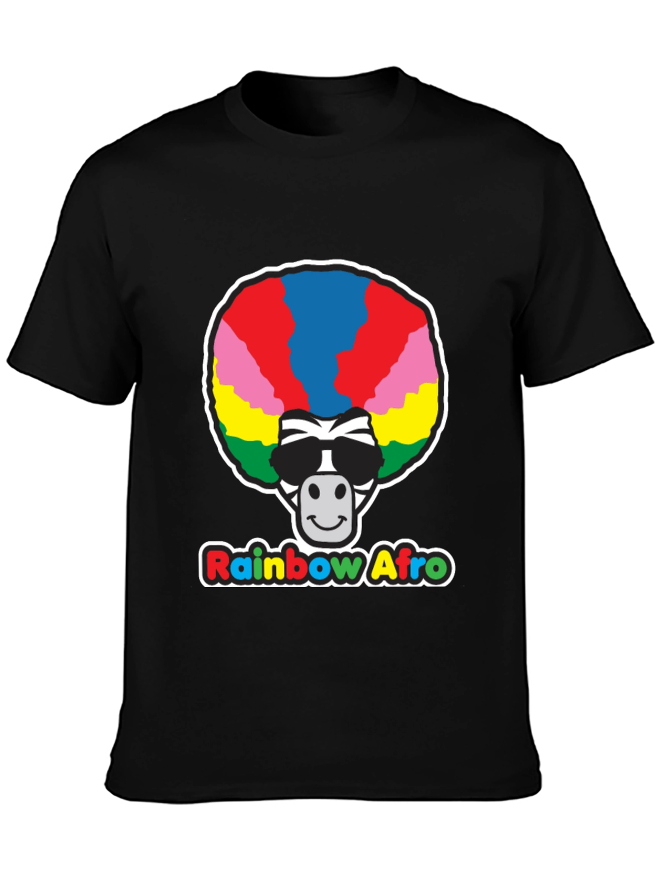 Rainbow Afro Zebra Graphic Tee - Black Cotton T-Shirt
