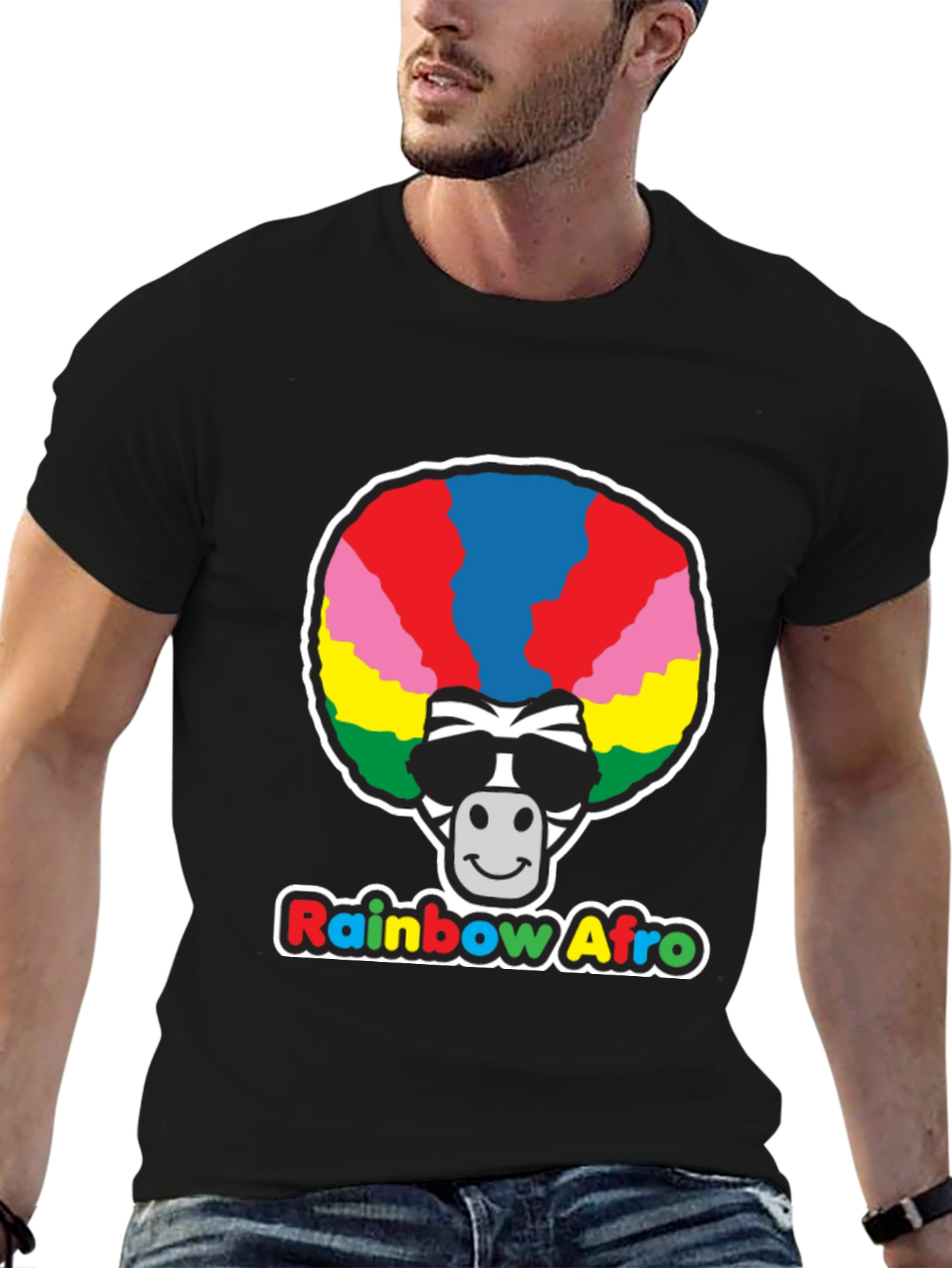 Rainbow Afro Zebra Graphic Tee - Black Cotton T-Shirt