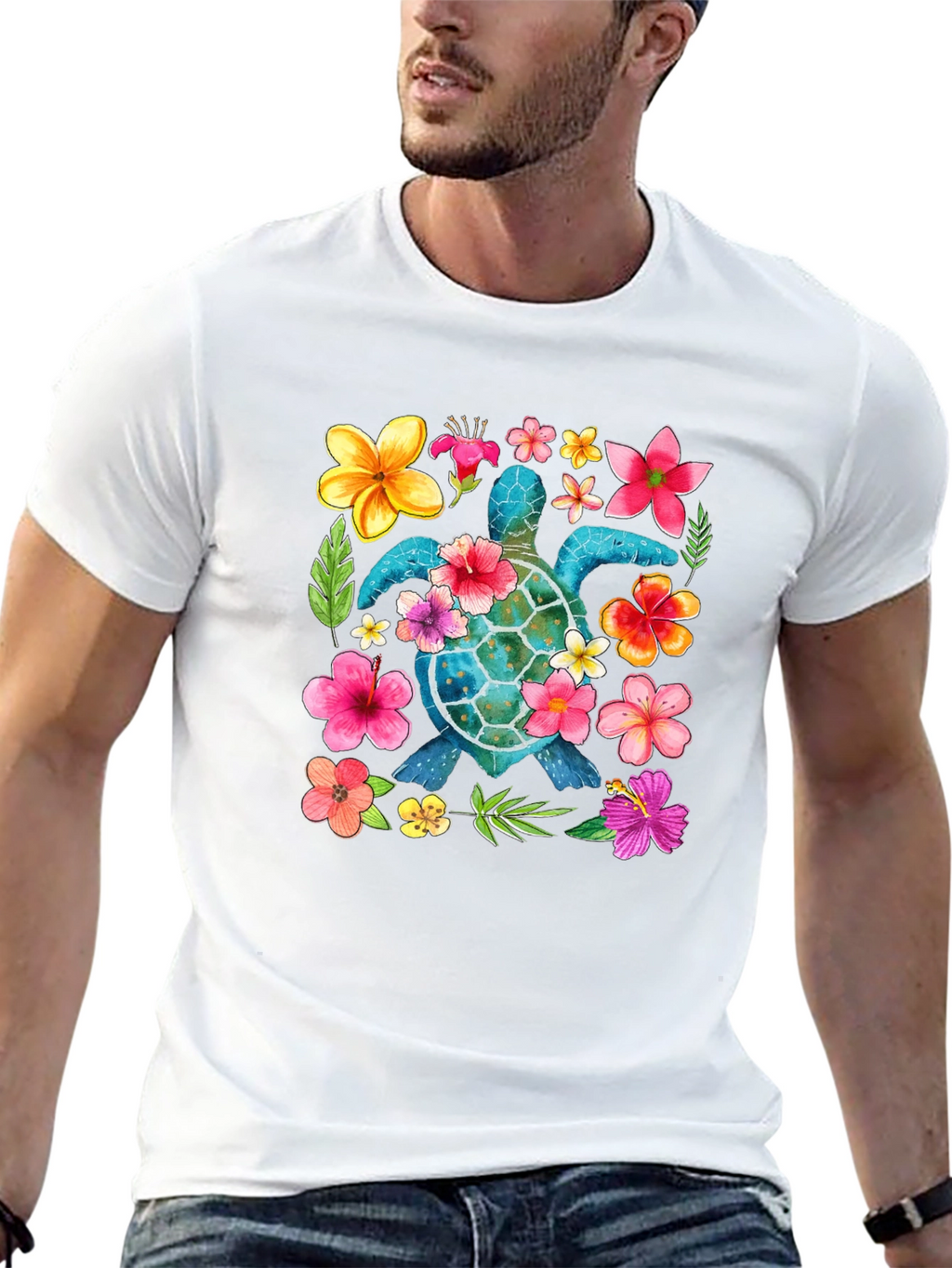 Floral Sea Turtle Graphic Black T-Shirt