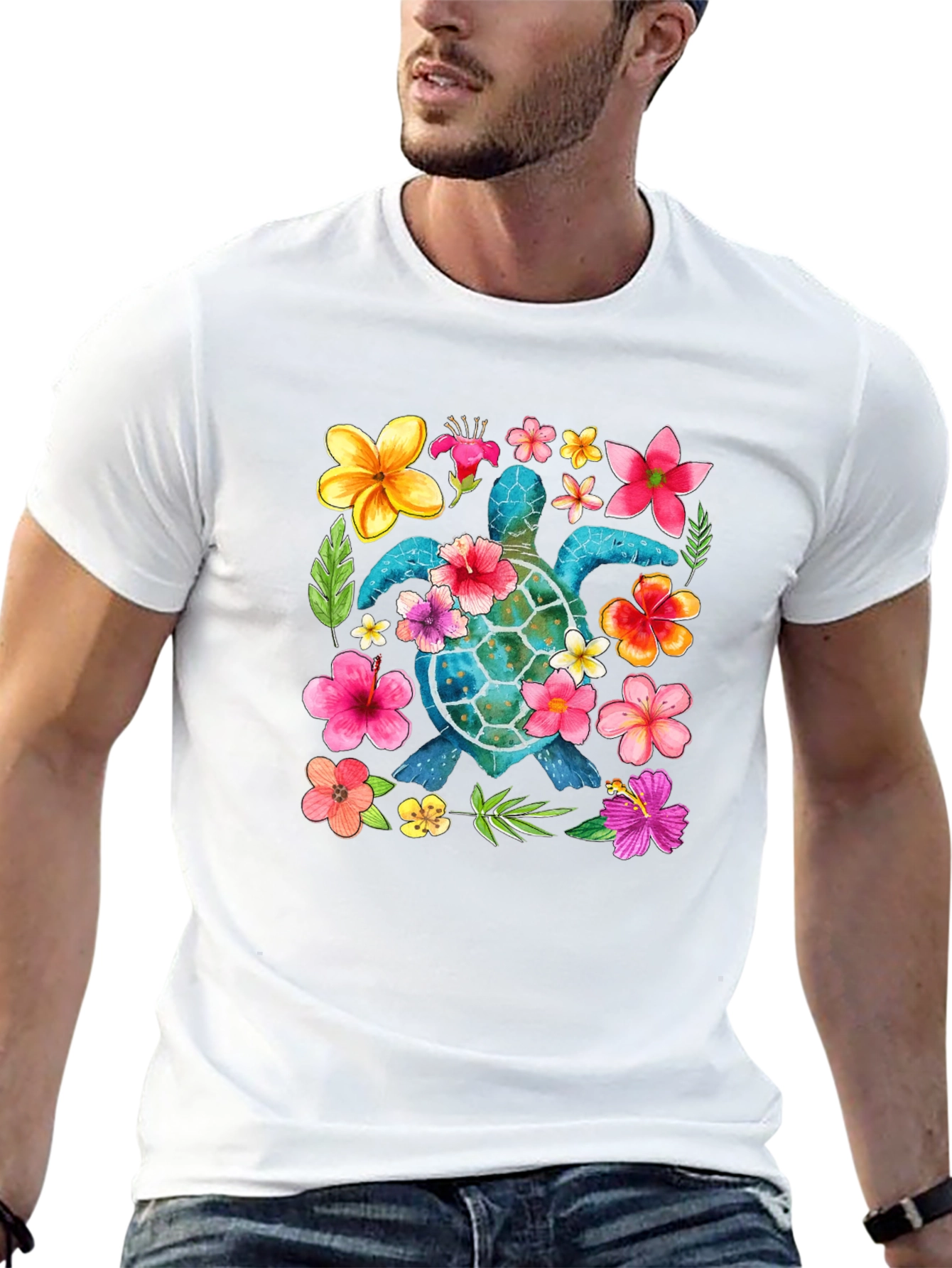 Floral Sea Turtle Graphic Black T-Shirt