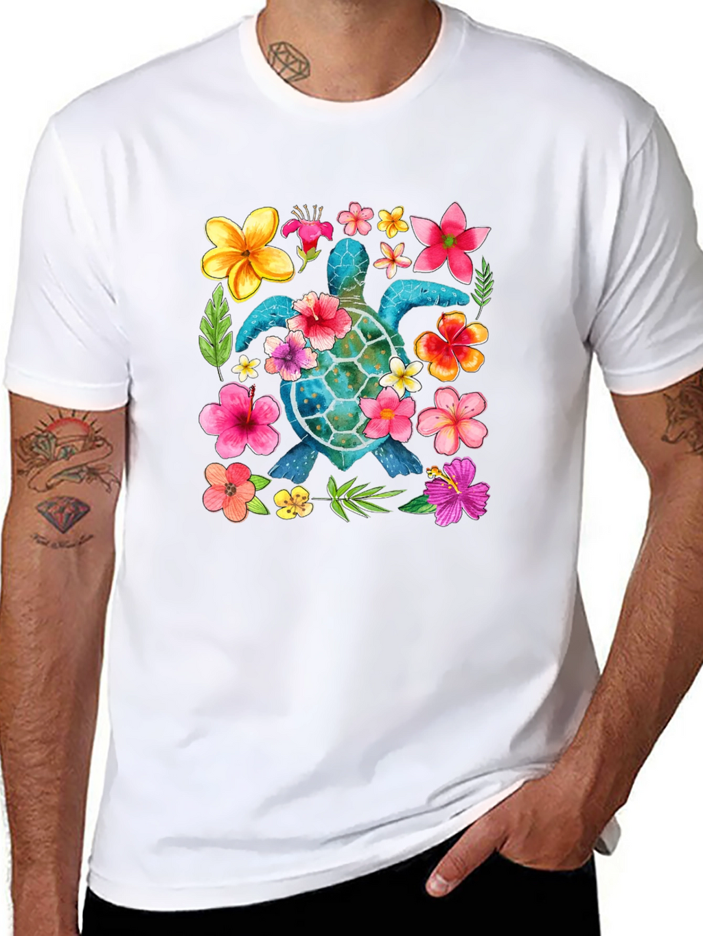 Floral Sea Turtle Graphic Black T-Shirt