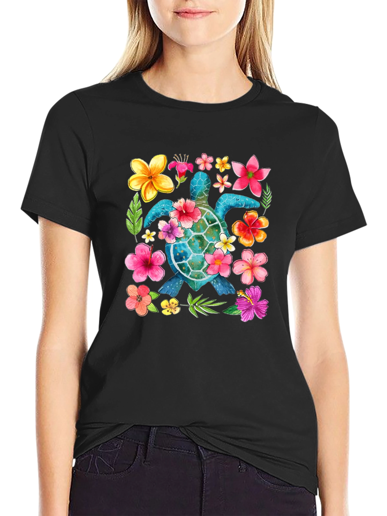 Floral Sea Turtle Graphic Black T-Shirt