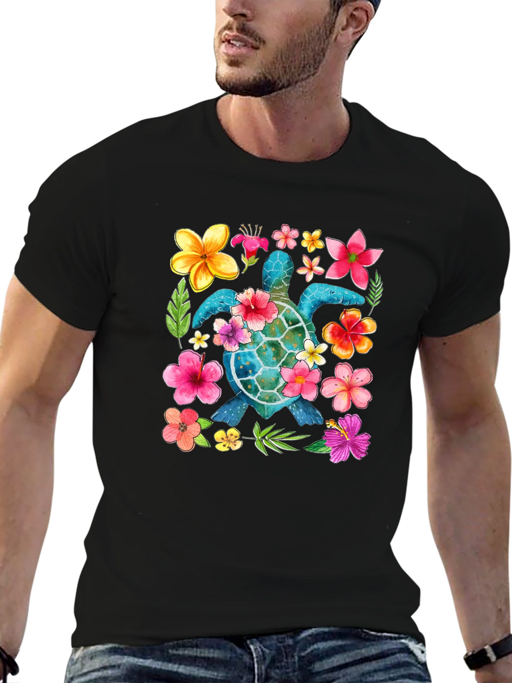 Floral Sea Turtle Graphic Black T-Shirt