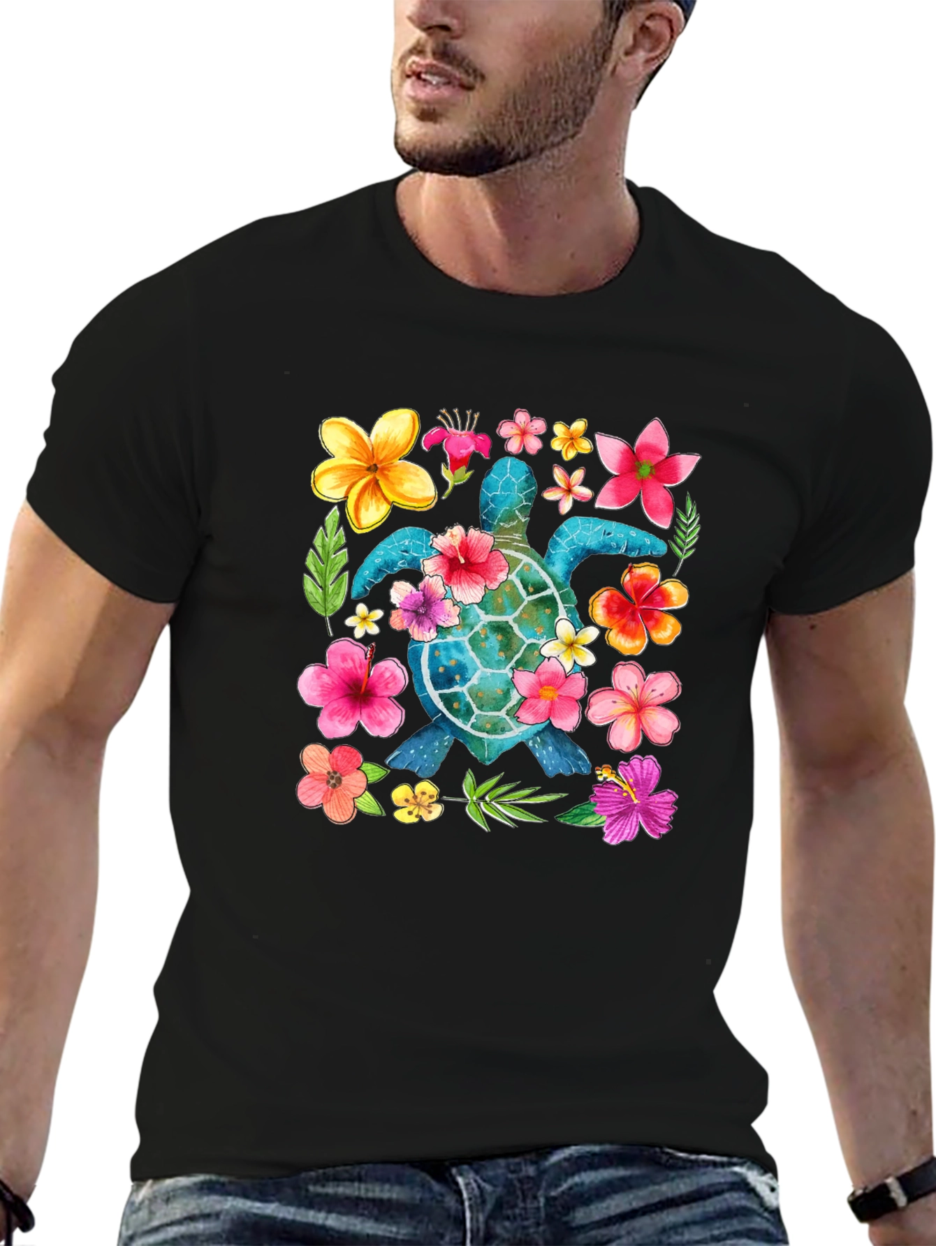 Floral Sea Turtle Graphic Black T-Shirt