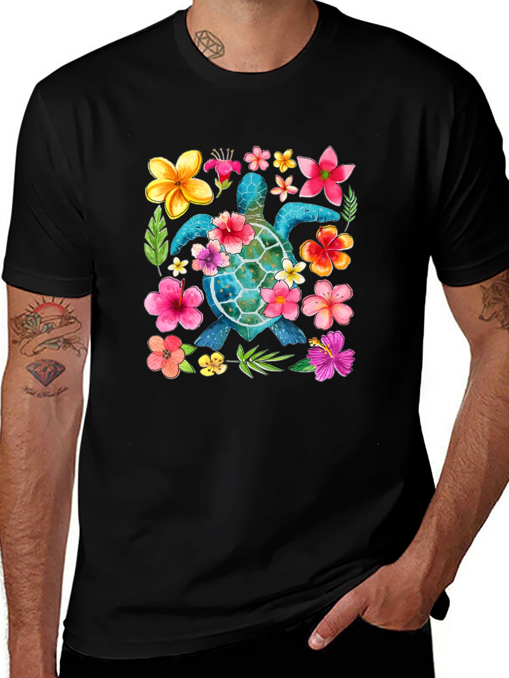 Floral Sea Turtle Graphic Black T-Shirt