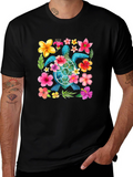 Floral Sea Turtle Graphic Black T-Shirt