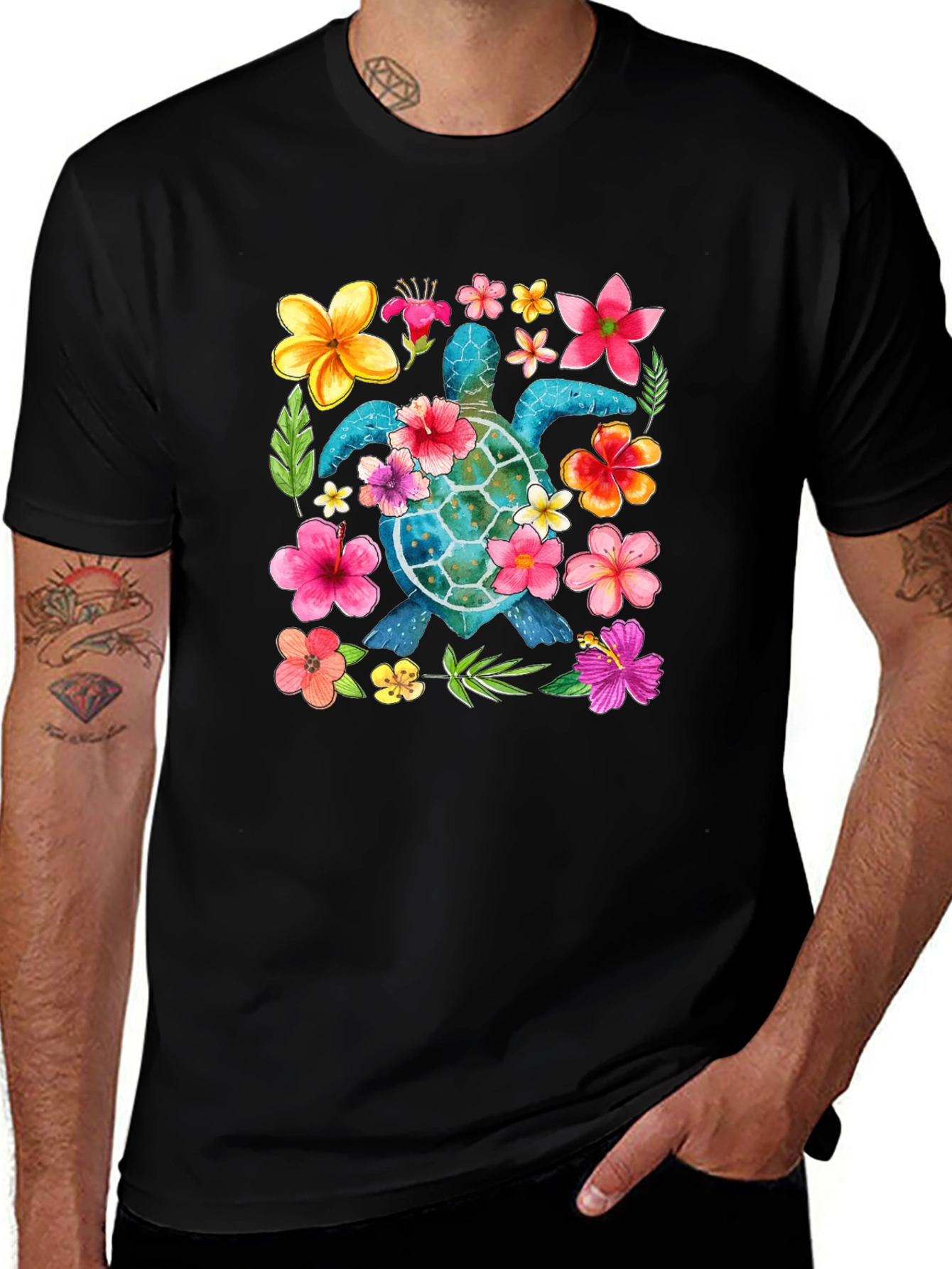 Floral Sea Turtle Graphic Black T-Shirt