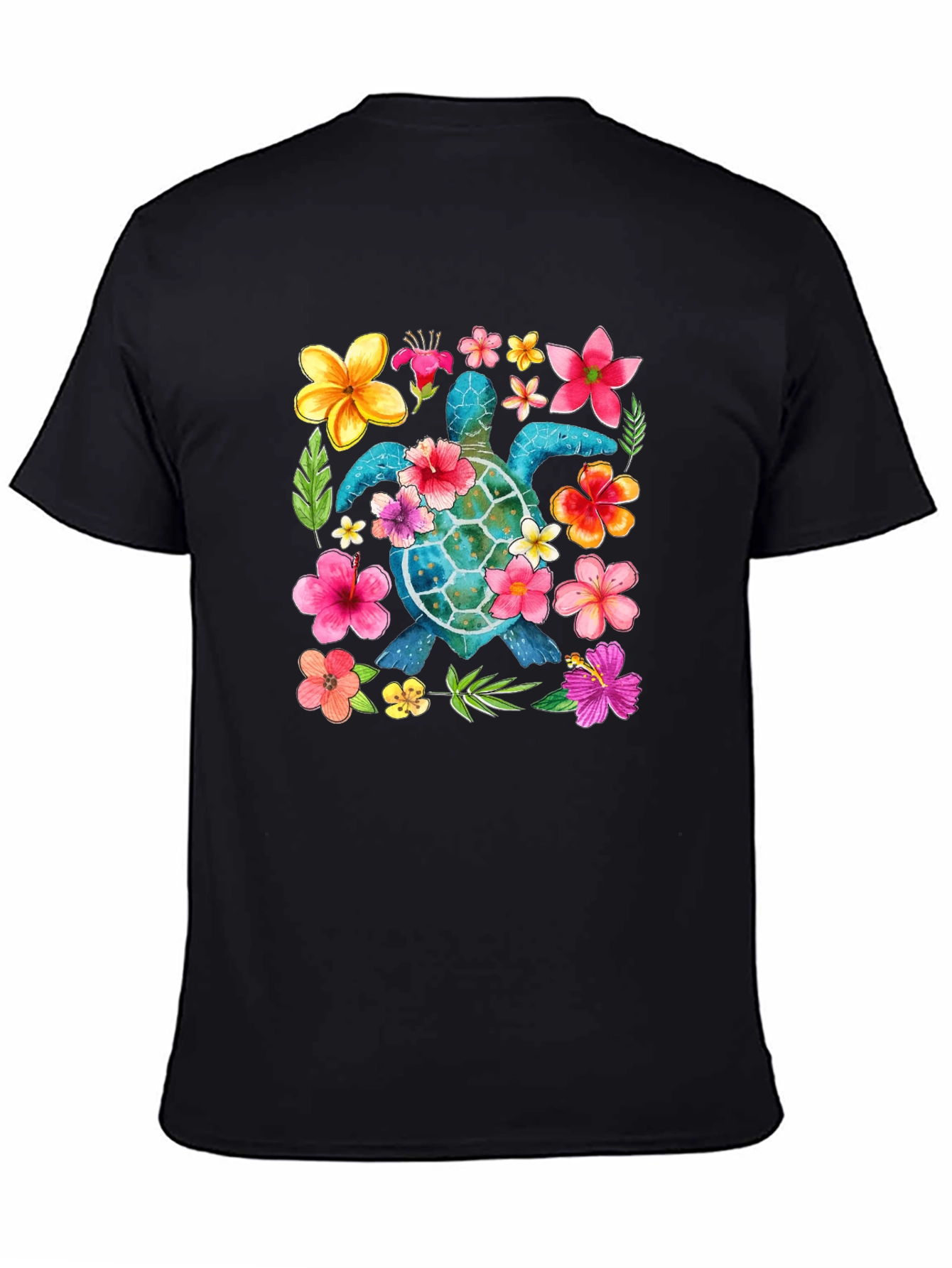 Floral Sea Turtle Graphic Black T-Shirt