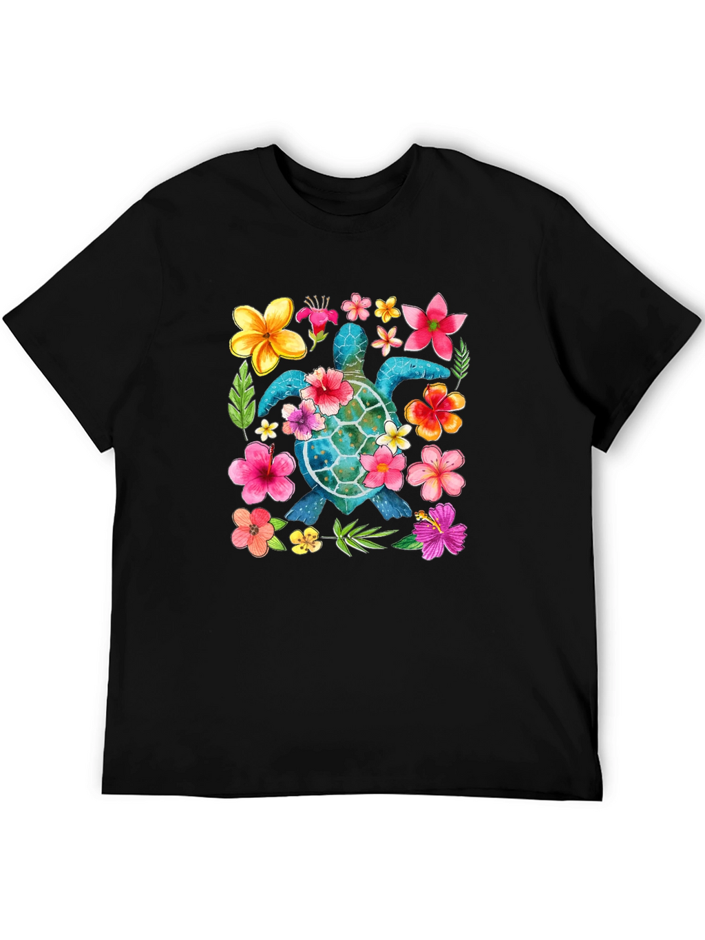 Floral Sea Turtle Graphic Black T-Shirt