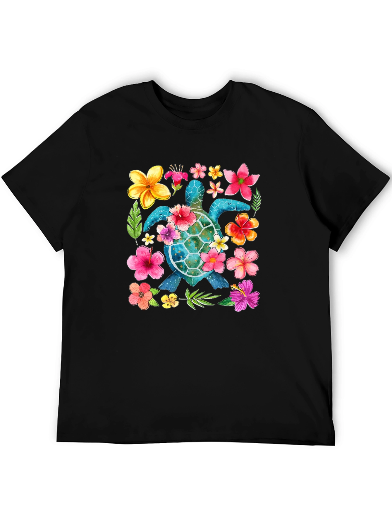 Floral Sea Turtle Graphic Black T-Shirt