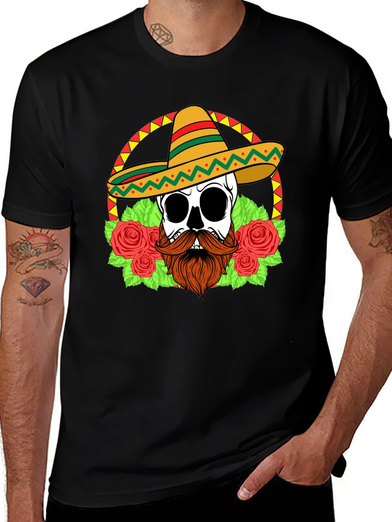 Skull in Sombrero T-Shirt - Dia de los Muertos Style