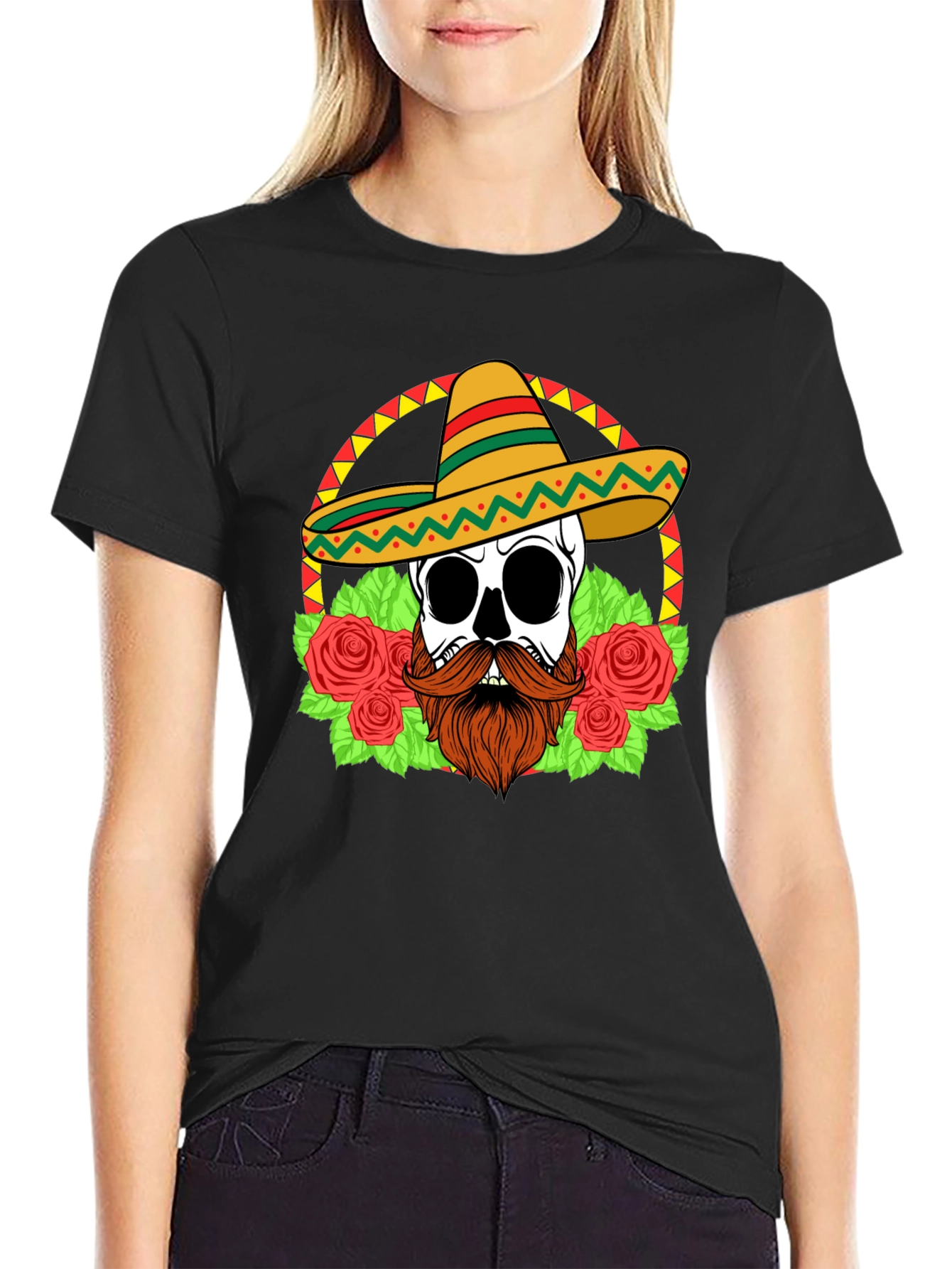 Skull in Sombrero T-Shirt - Dia de los Muertos Style