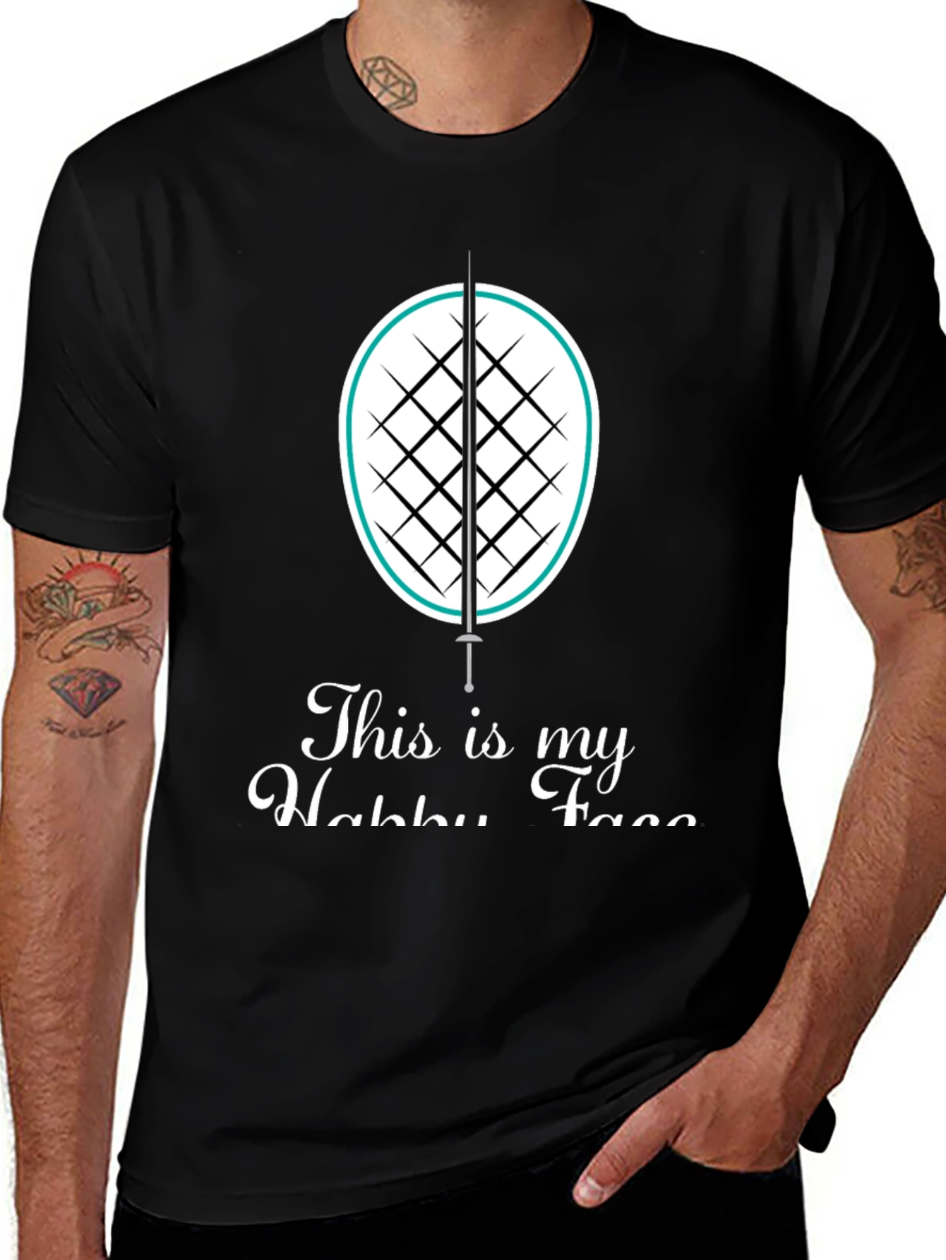 Fencing Hobby T-Shirt: Black Cotton Tee with Sword & Racket Design