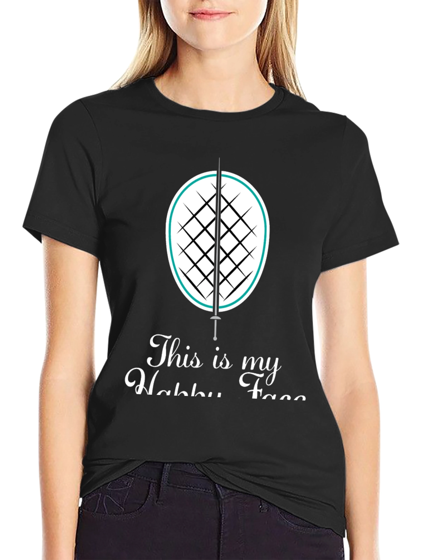 Fencing Hobby T-Shirt: Black Cotton Tee with Sword & Racket Design