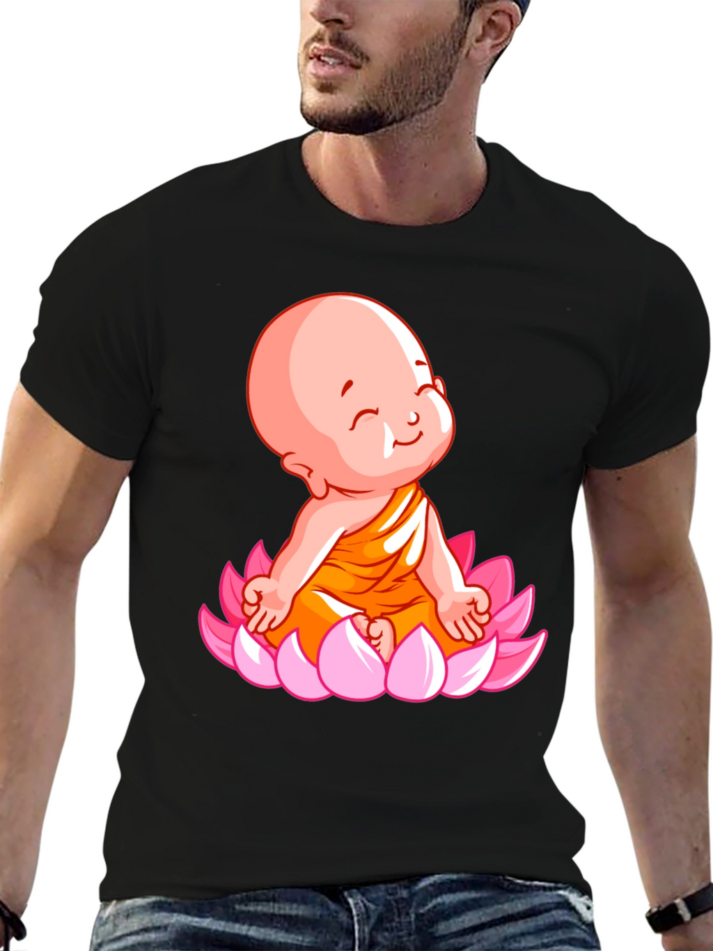 Cute Baby Buddha Lotus Flower T-Shirt - Black
