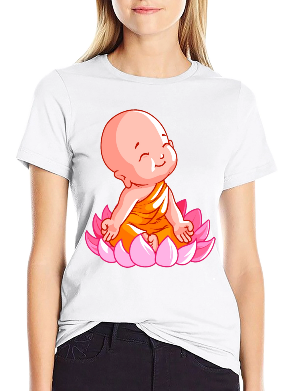 Cute Baby Buddha Lotus Flower T-Shirt - Black