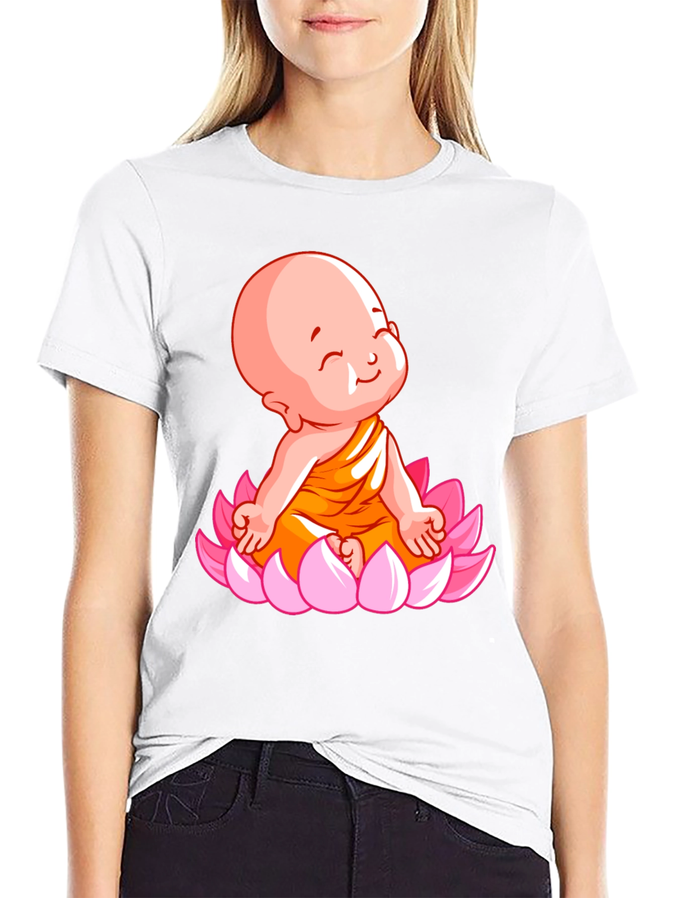 Cute Baby Buddha Lotus Flower T-Shirt - Black