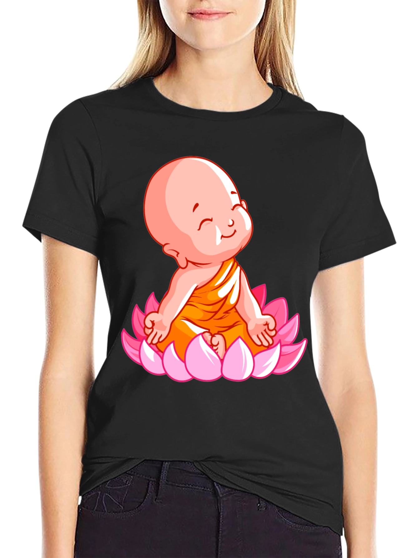 Cute Baby Buddha Lotus Flower T-Shirt - Black